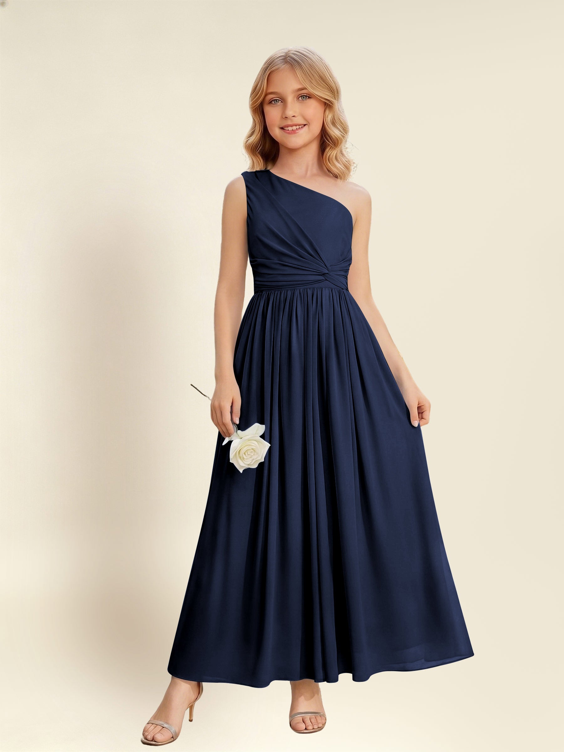 ROVDESY One Shoulder Twist Waist Chiffon Junior Bridesmaid Maxi Dress