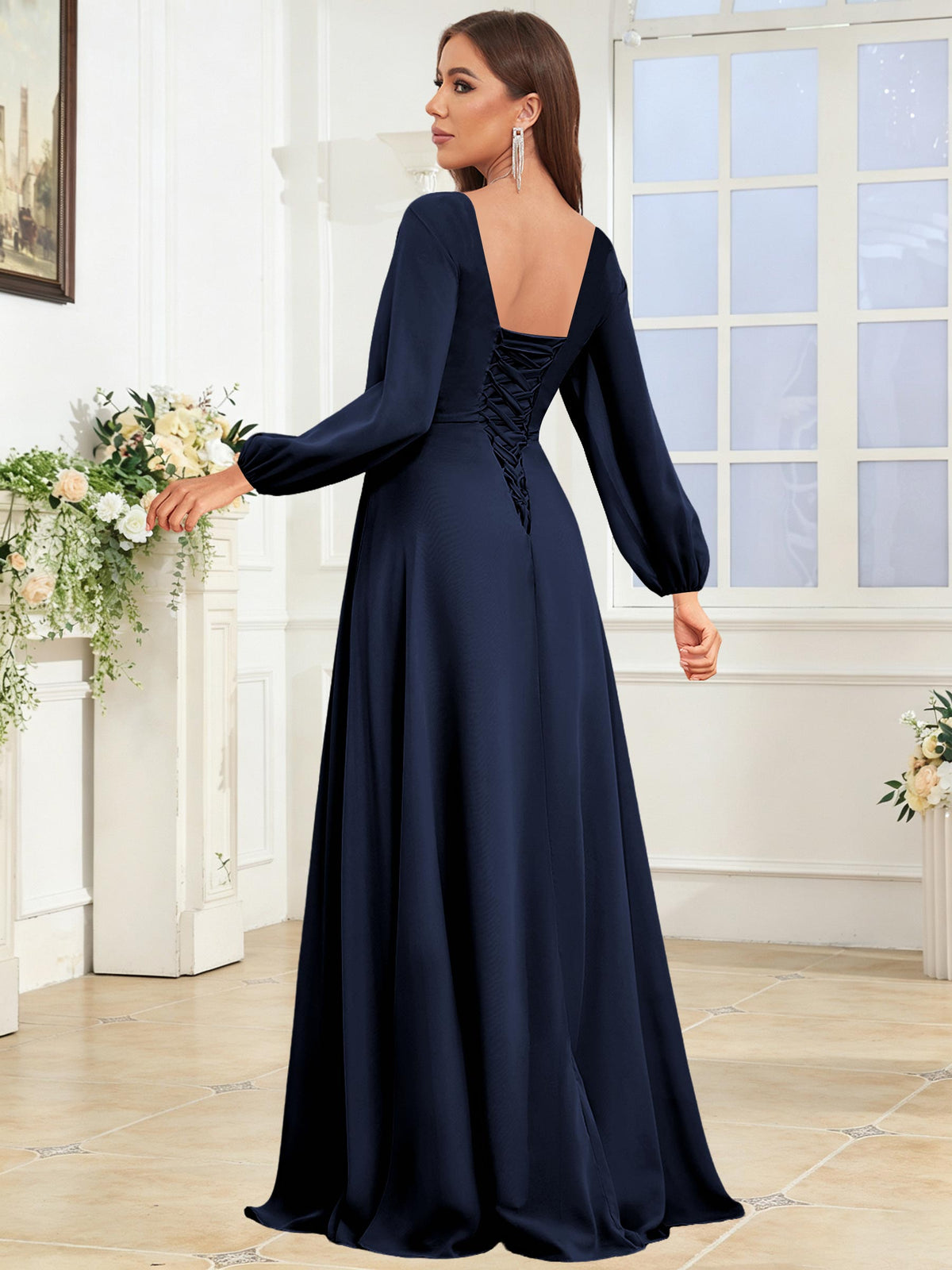 V Neck Chiffon Long Sleeve Bridesmaid Dresses with Slit
