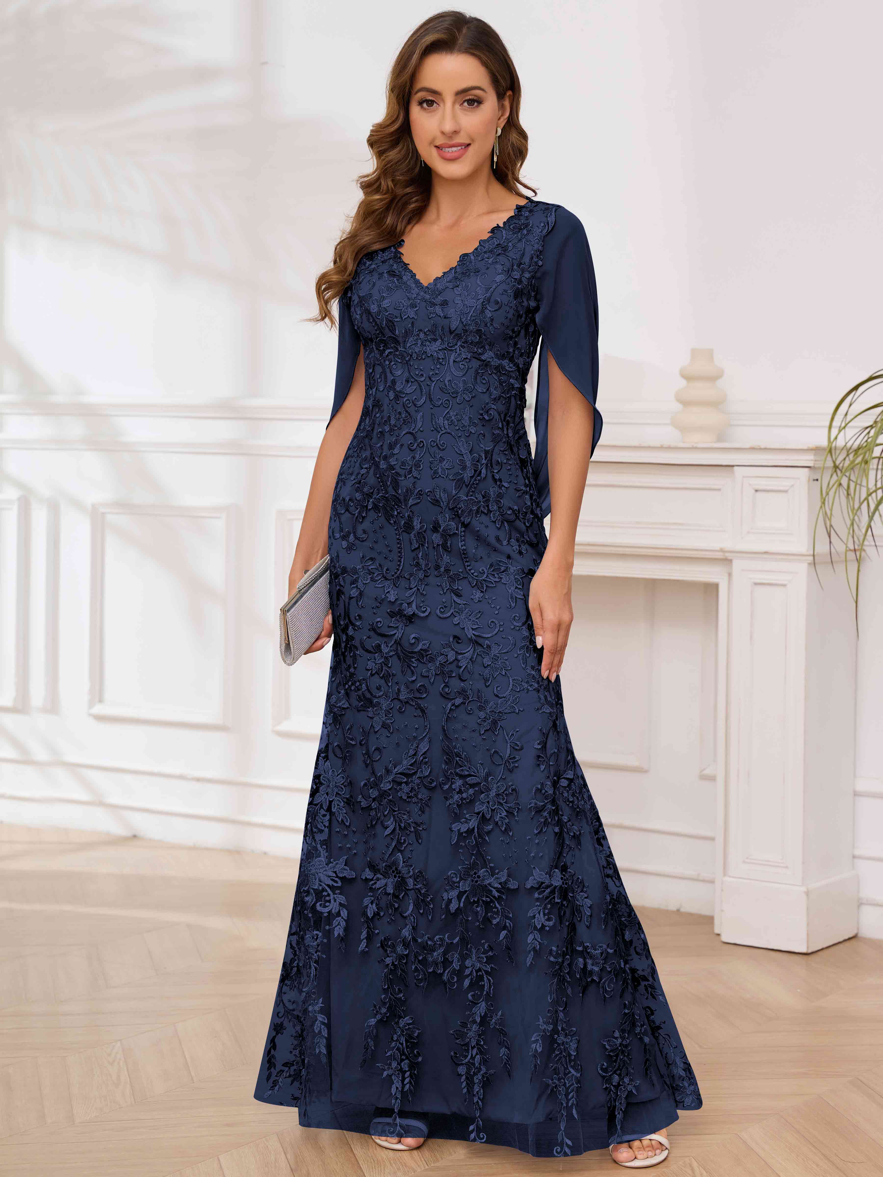 ROVDESY V-Neck Lace Mermaid Mother Of The Bride Dress With Cape Sleeves Long Formal Gown