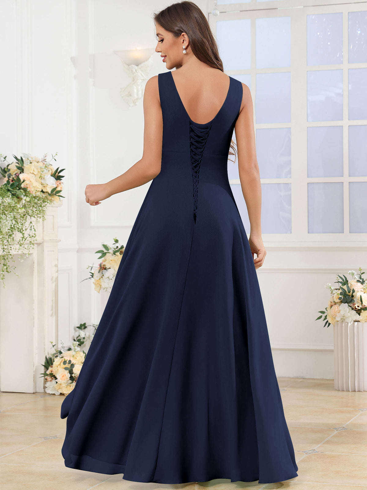 V Neck Chiffon A Line Ruffle Bridesmaid Dress with Slit