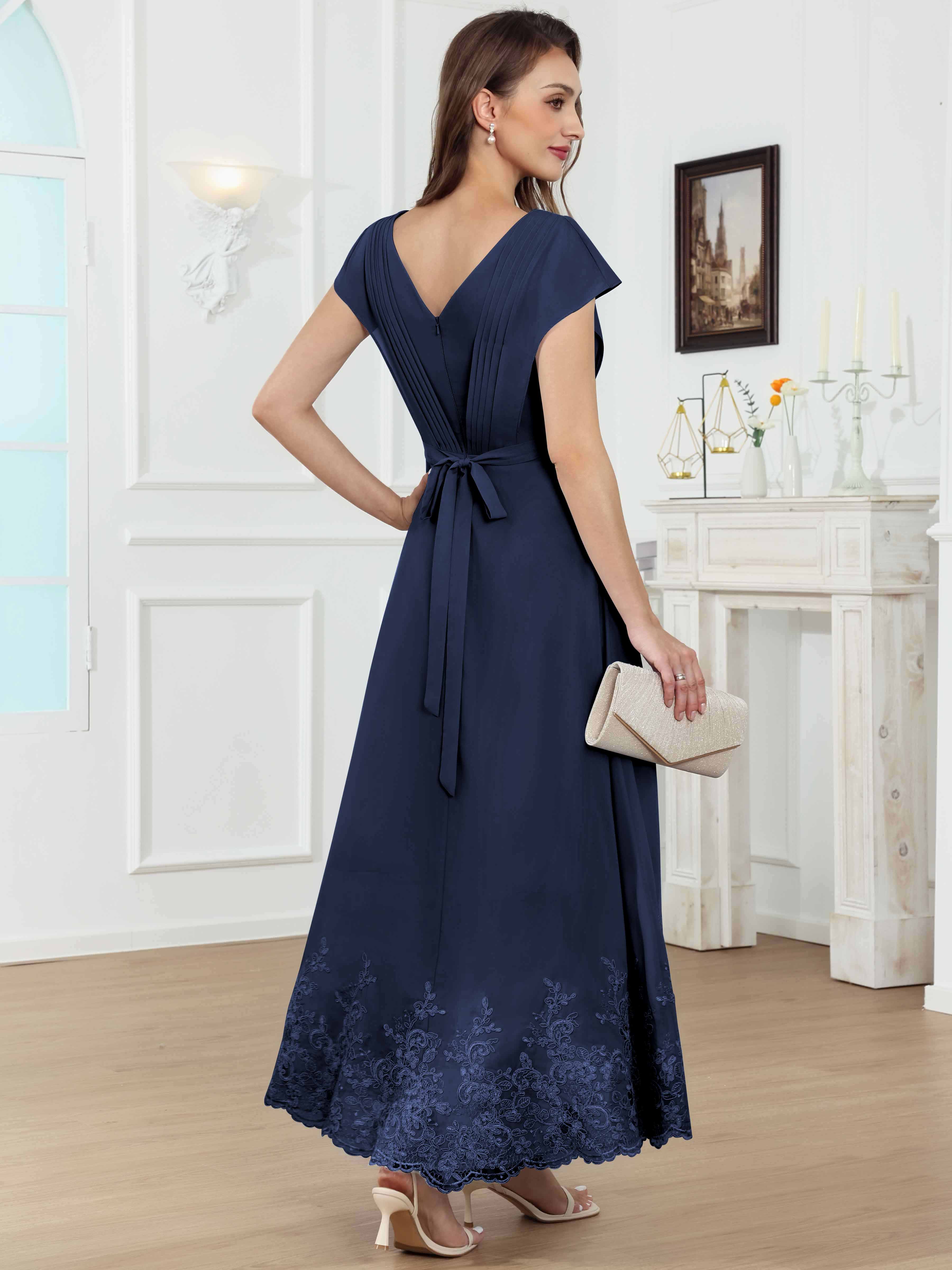 ROVDESY Tea Length High-Low V-Neck Ruched Lace Chiffon Mother of The Bride Dress for Women