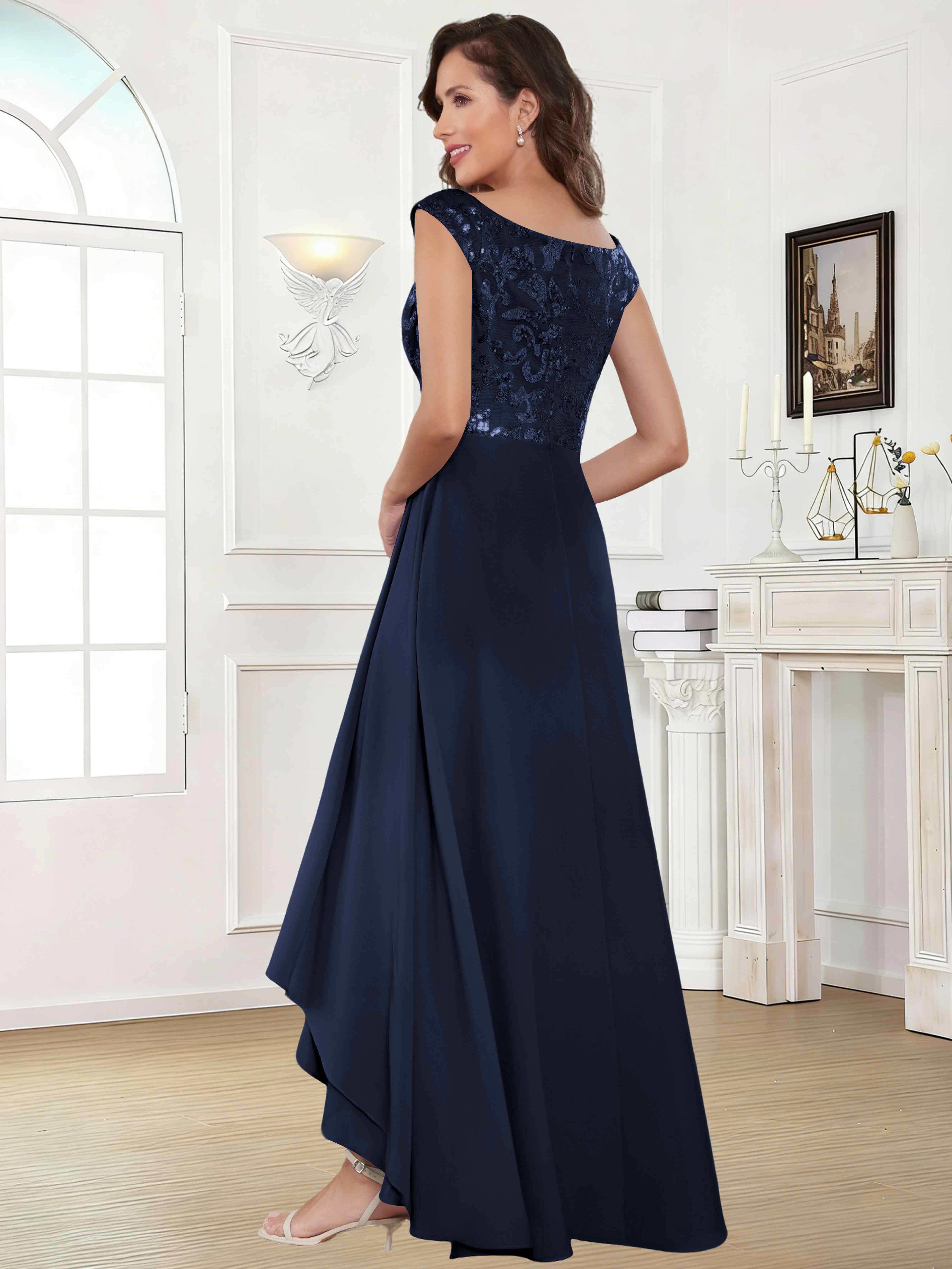 ROVDESY Tea Length Off-The-Shoulder Sequin Chiffon Mother Of The Bride Dress
