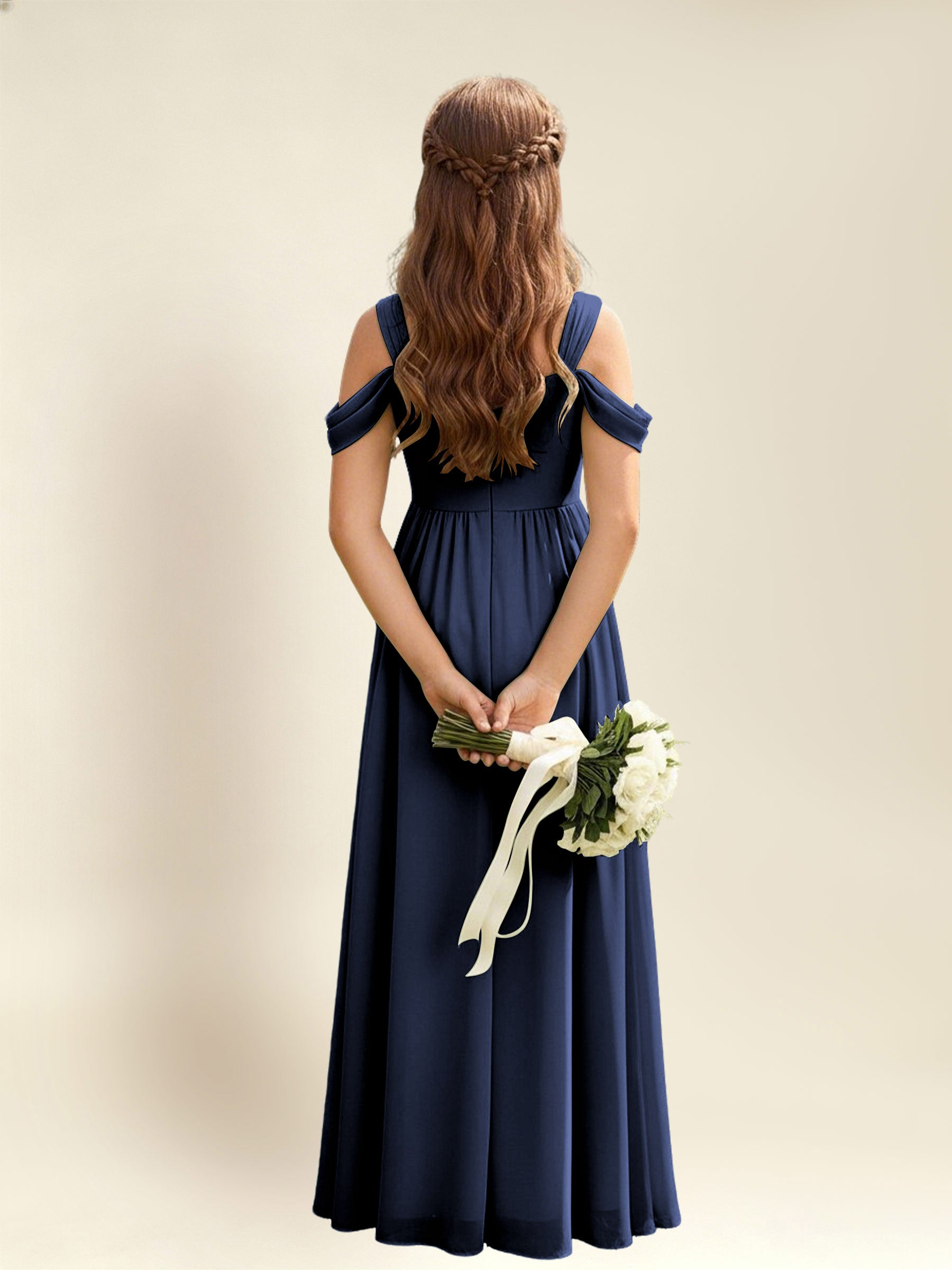 ROVDESY A-Line Off The Shoulder Pleated Chiffon Junior Bridesmaid Dress