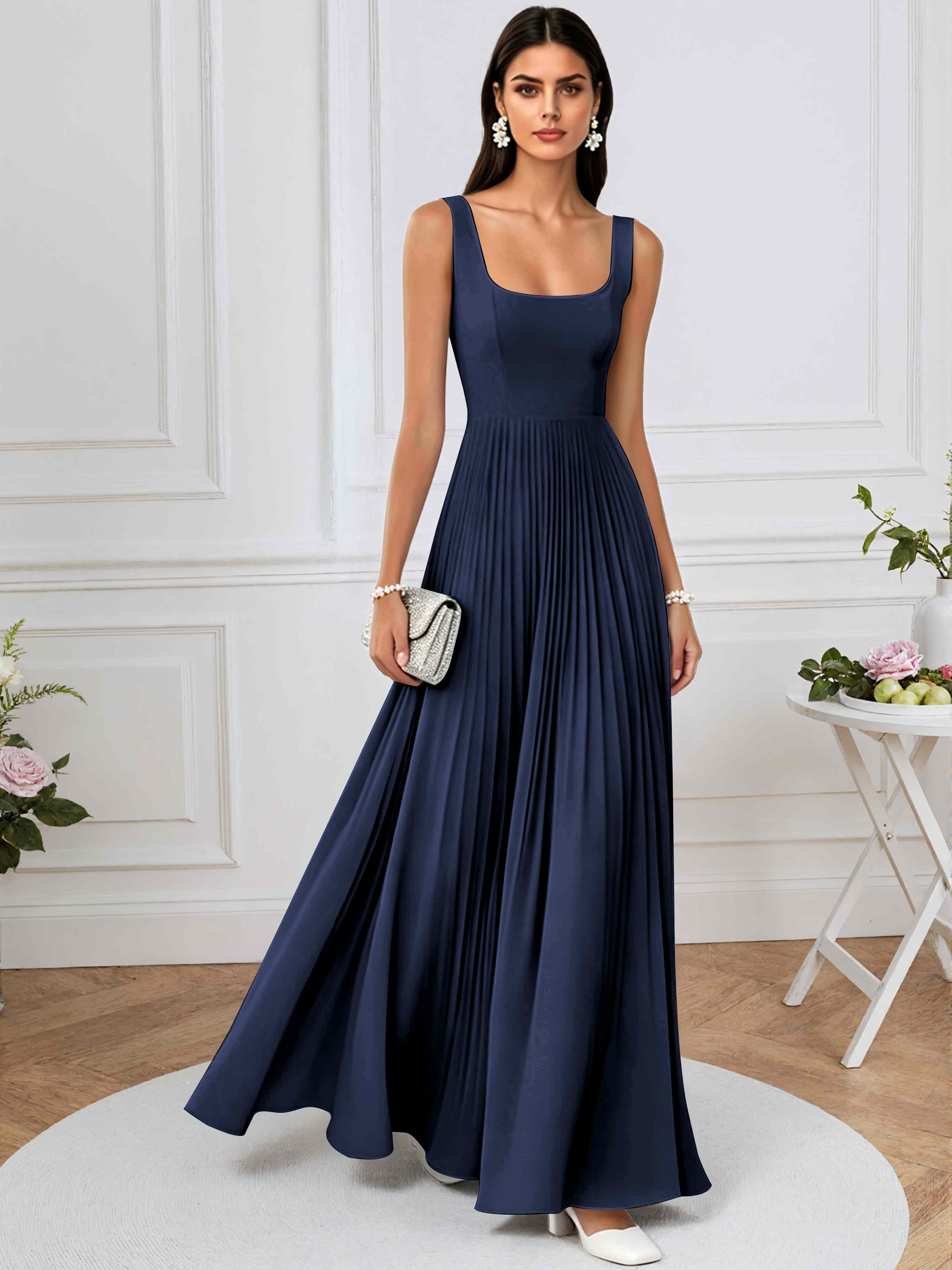 ROVDESY A-Line Square Neck Pleated Chiffon Long Bridesmaid/Prom Dress