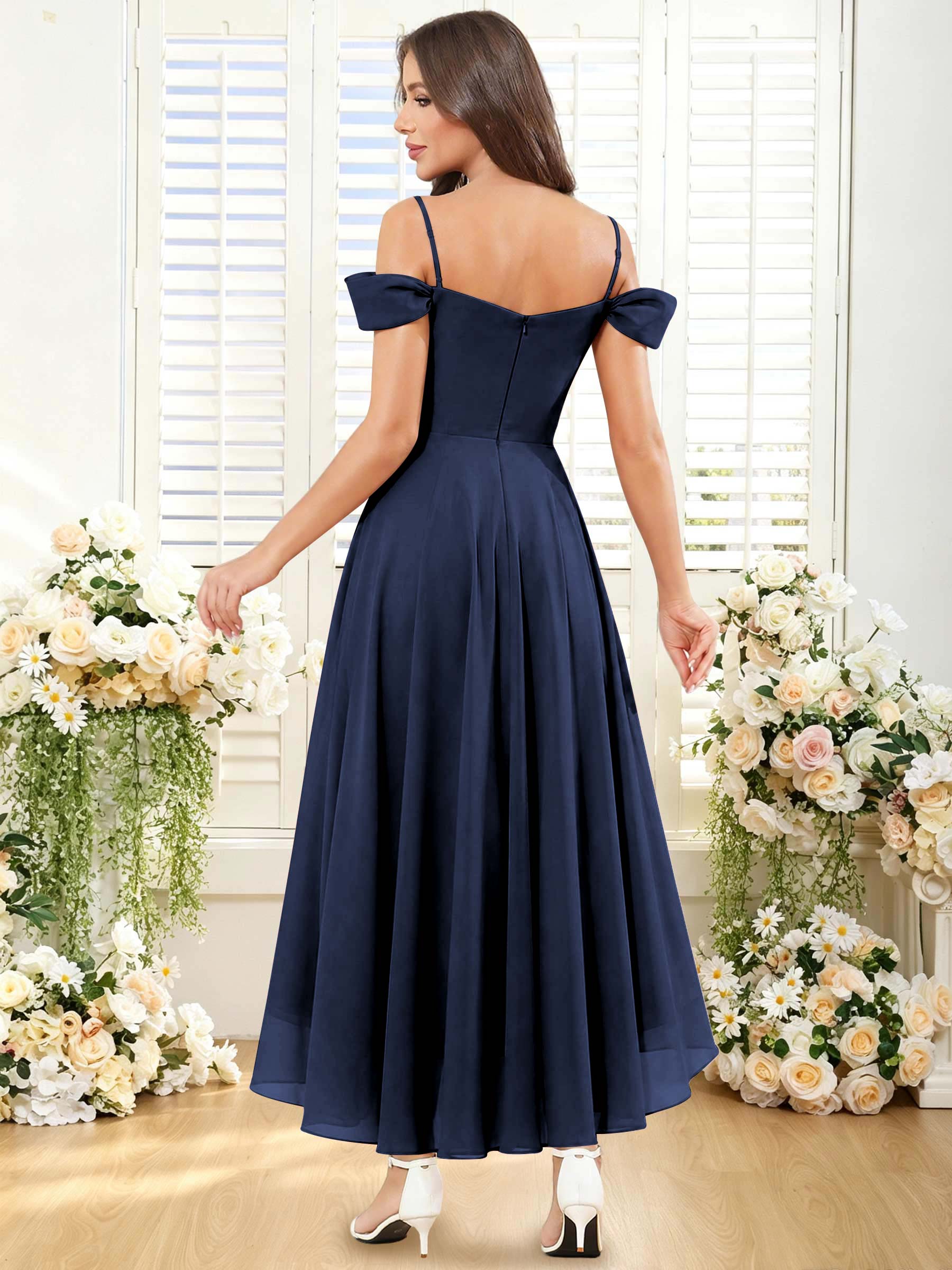 ROVDESY ROVDESY Short Cold Shoulder Sweetheart High Low Pleated Chiffon Bridesmaid Dress