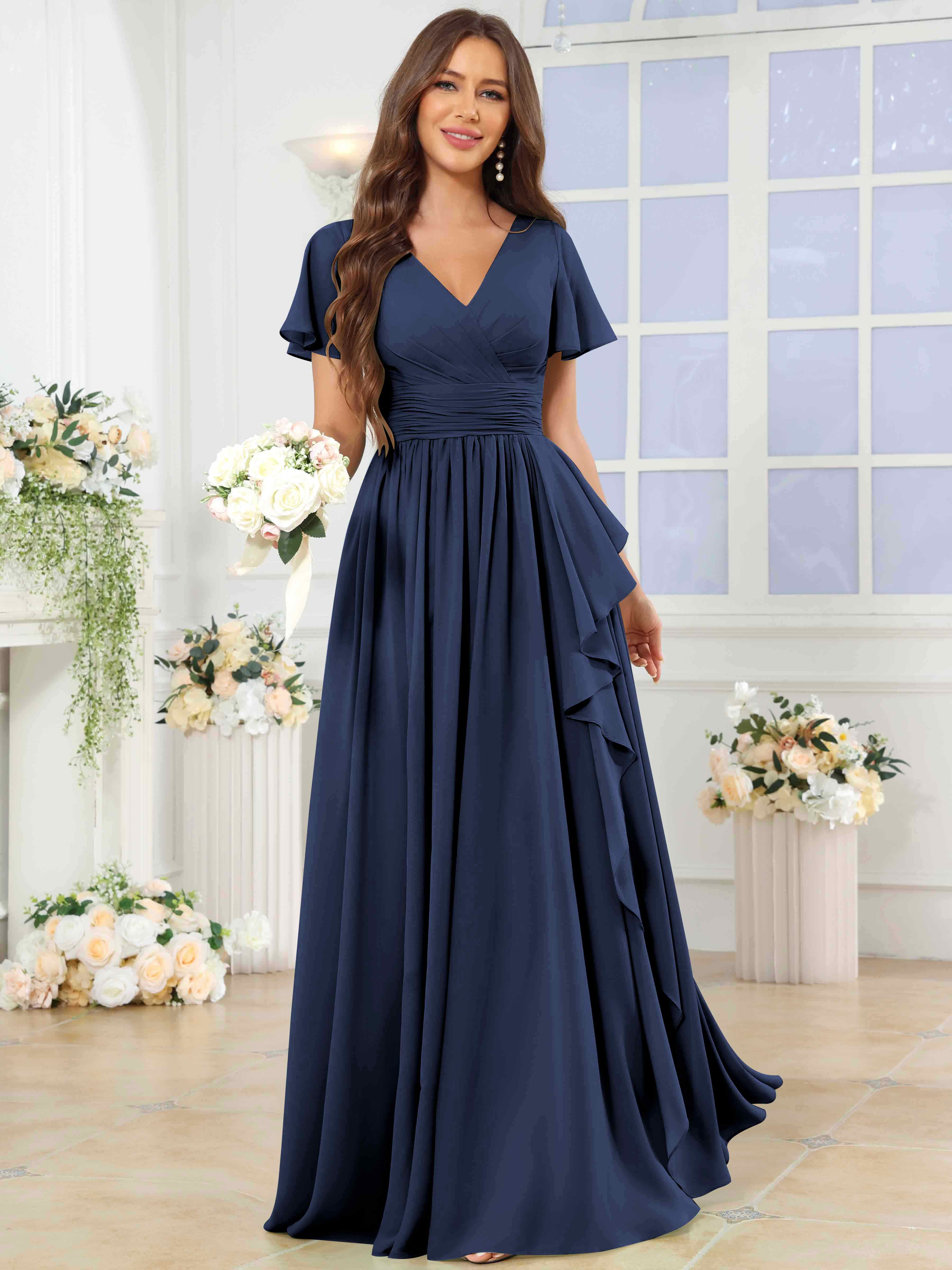 ROVDESY A-Line V-Neck Slit Pleated Ruffle Chiffon Bridesmaid Dress With Short Sleeves