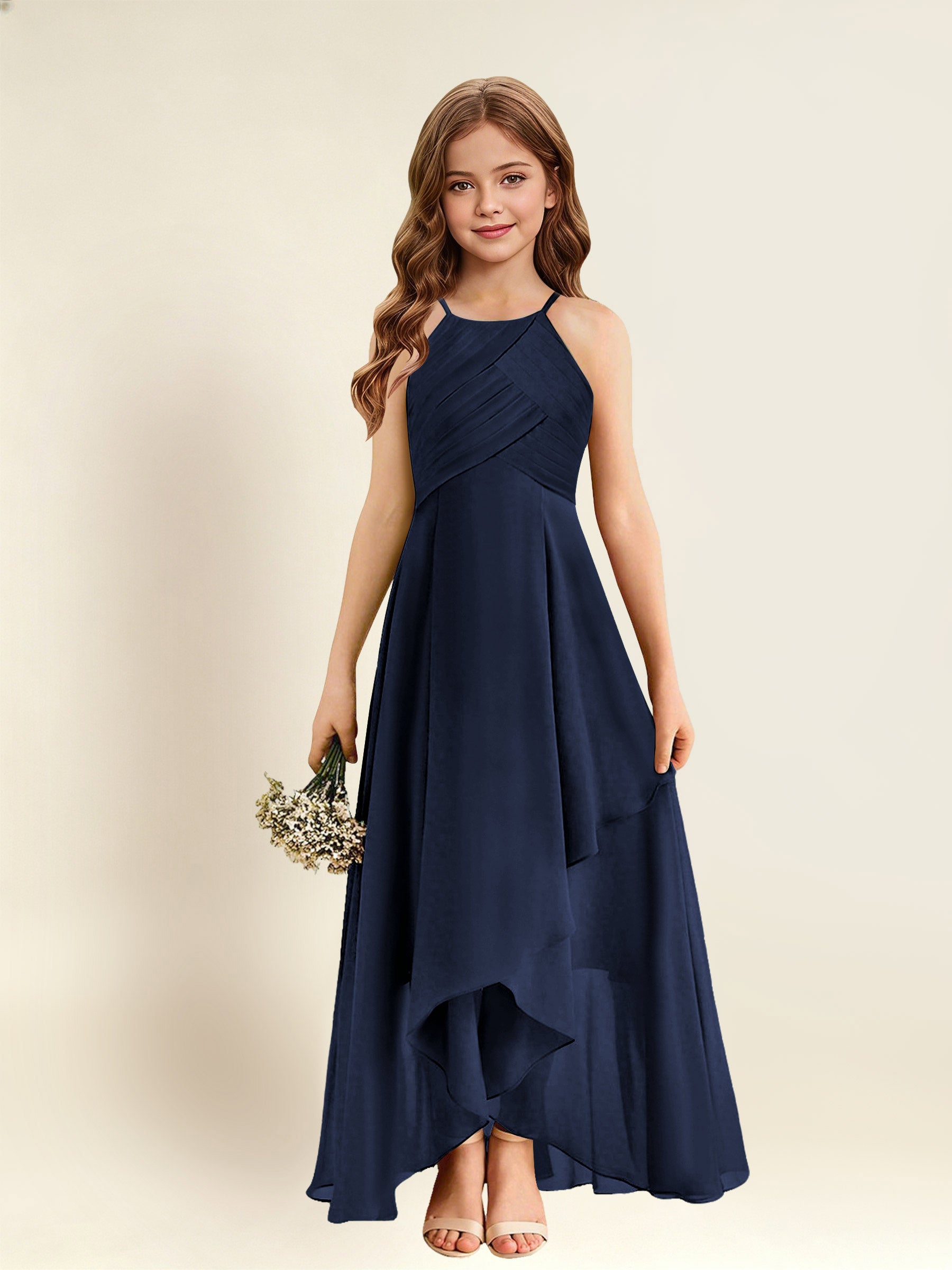 ROVDESY A-Line Halter Pleated Chiffon Junior Bridesmaid Dress