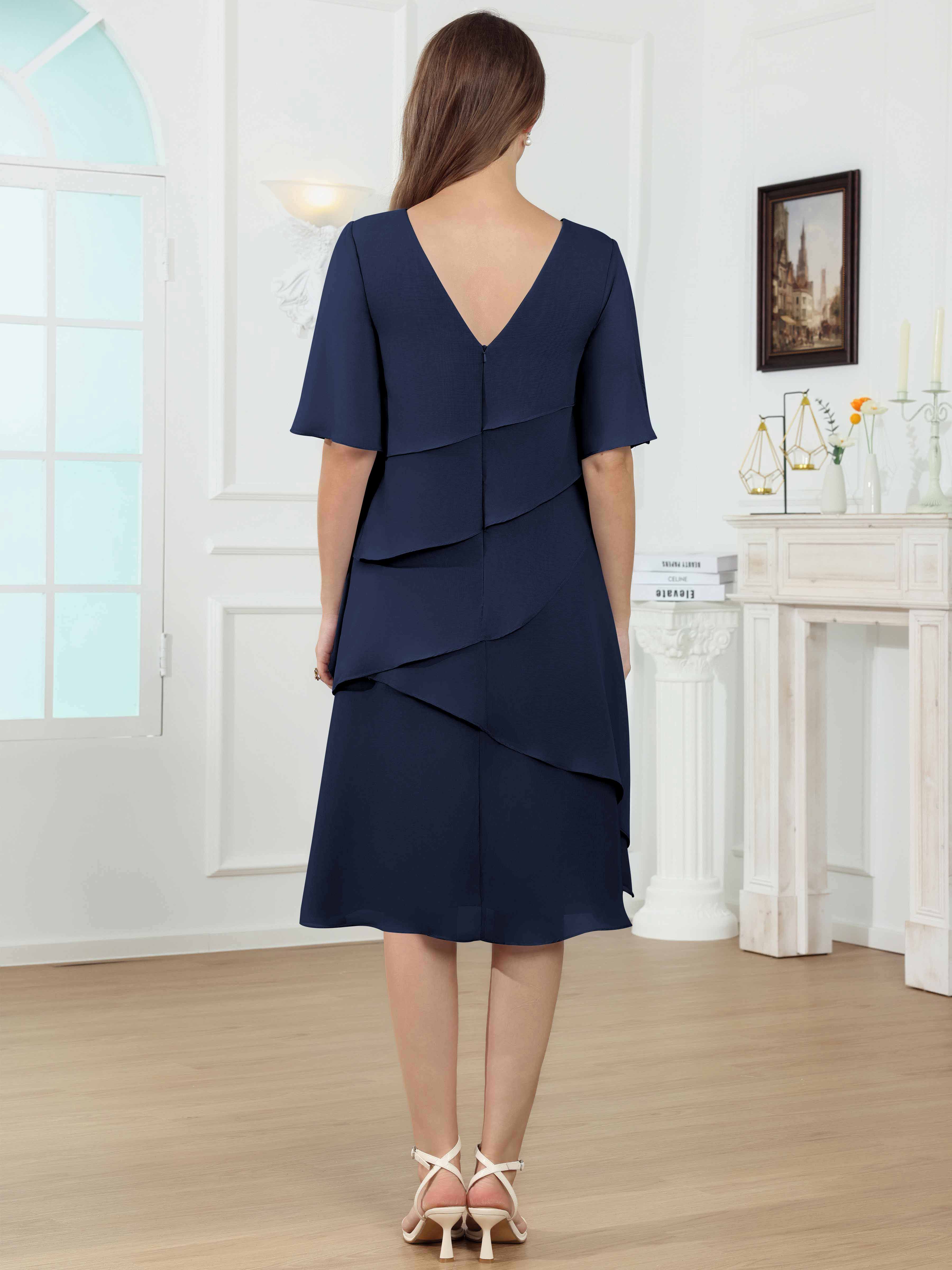 ROVDESY Knee Length Tiered Ruffle Chiffon Mother Of The Bride Dress With Half Sleeves