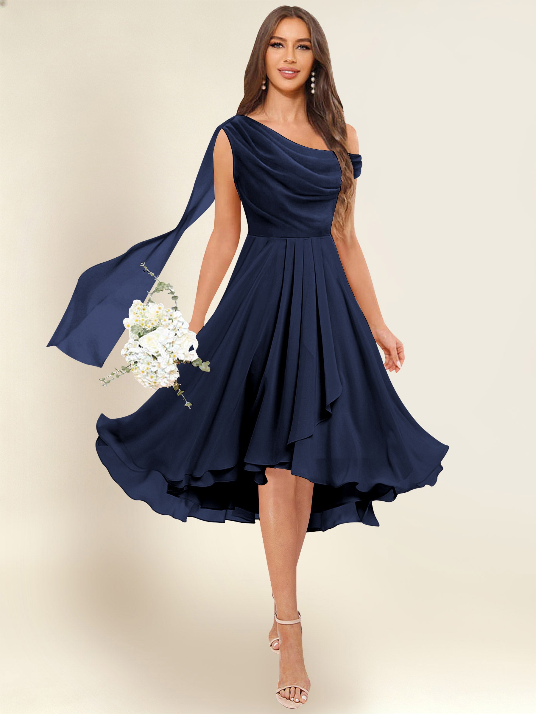 ROVDESY A-Line One Shoulder Pleated Chiffon Bridesmaid Dress With Flowing Sash