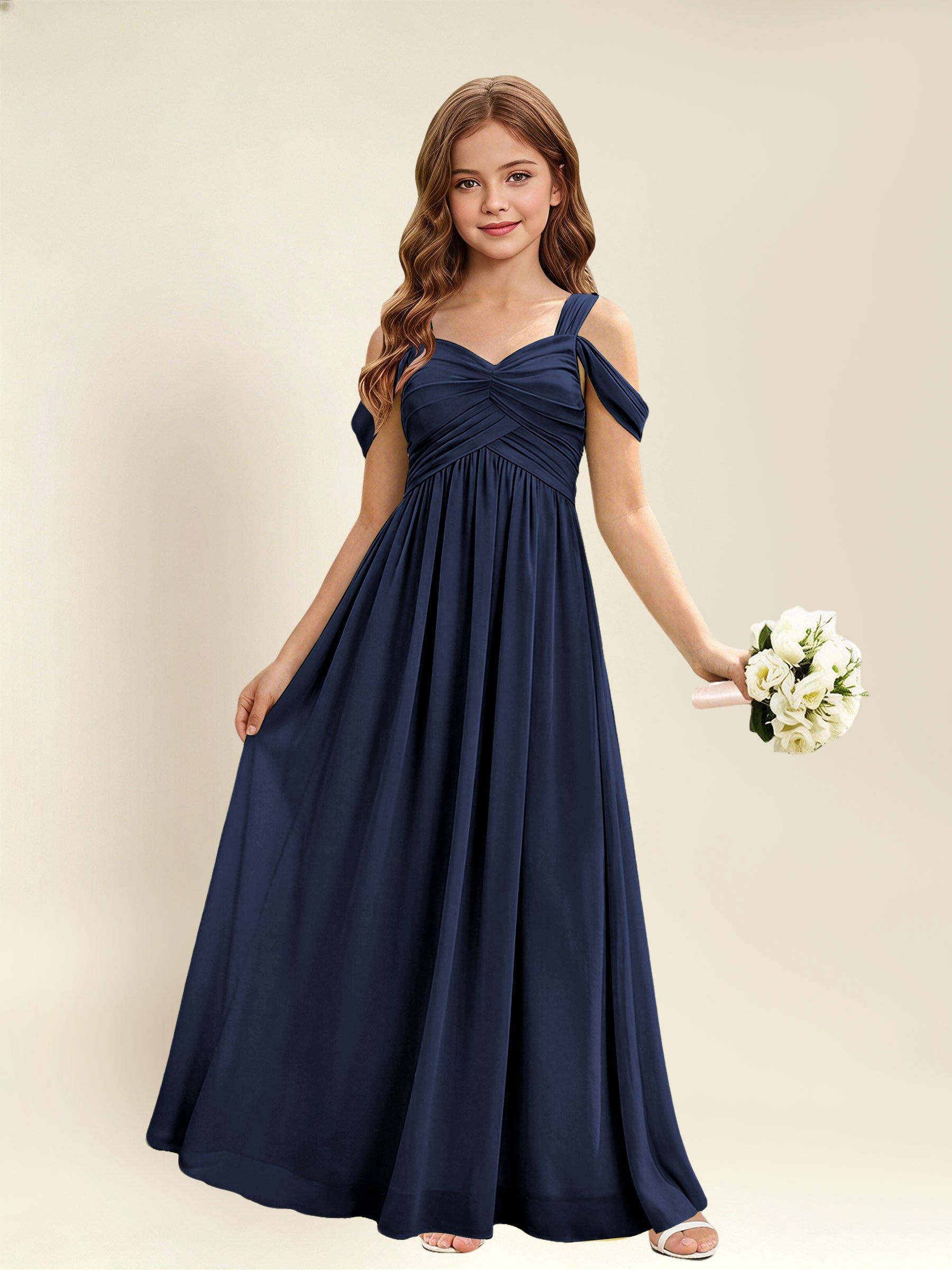 ROVDESY A-Line Off The Shoulder Pleated Chiffon Junior Bridesmaid Dress