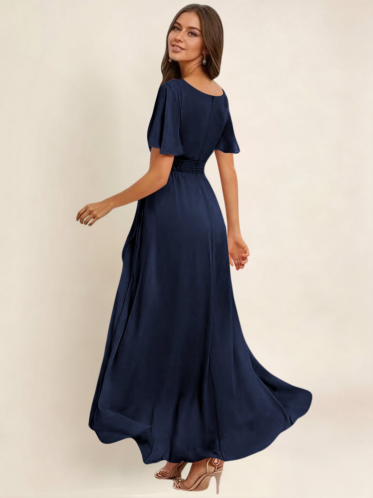 ROVDESY A-Line High Low Round Neck Pleated Ruffle Chiffon Bridesmaid Dress With Short Sleeves
