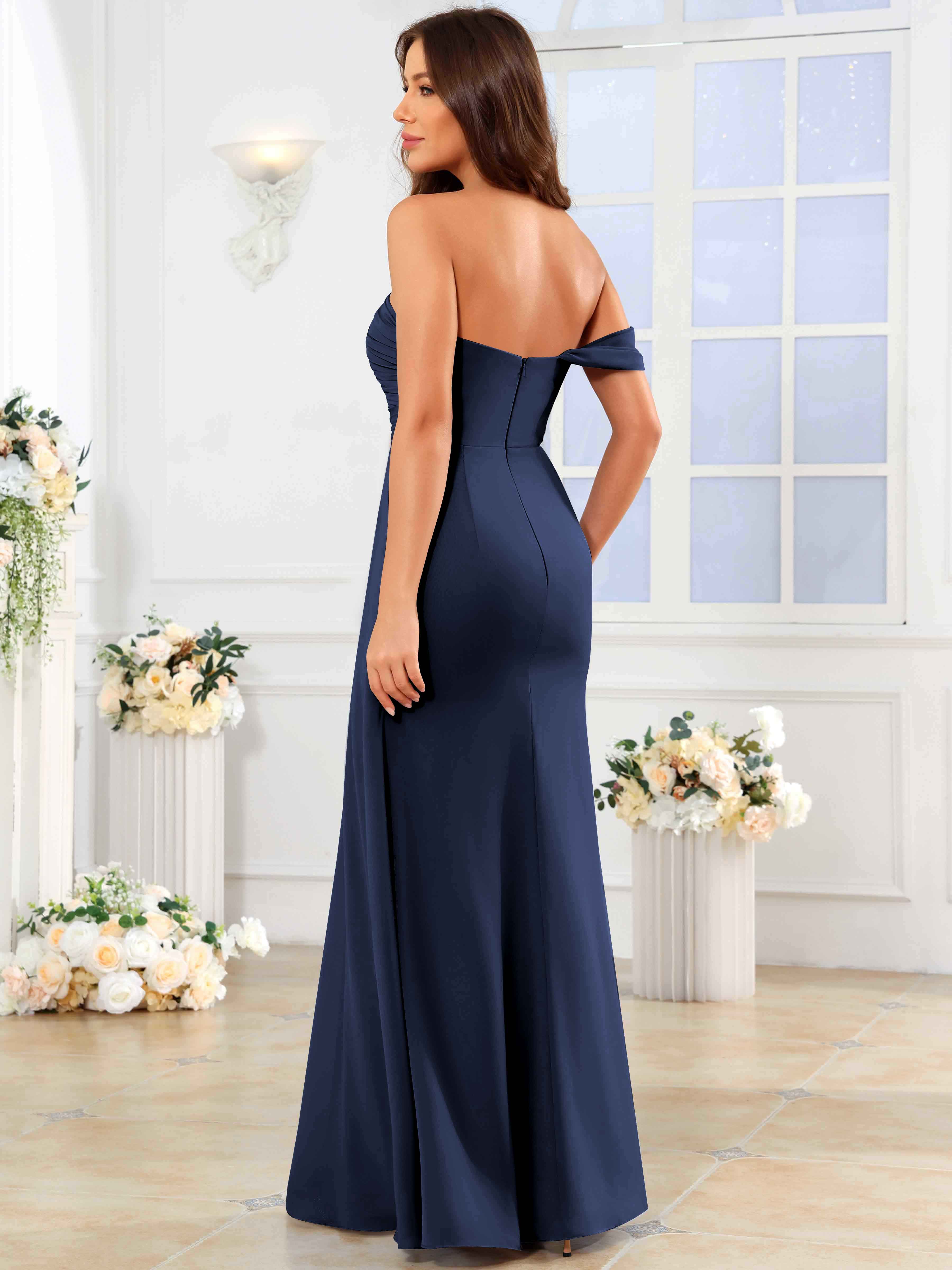 ROVDESY One Shoulder Off The Shoulder Pleated Chiffon Bridesmaid Dress