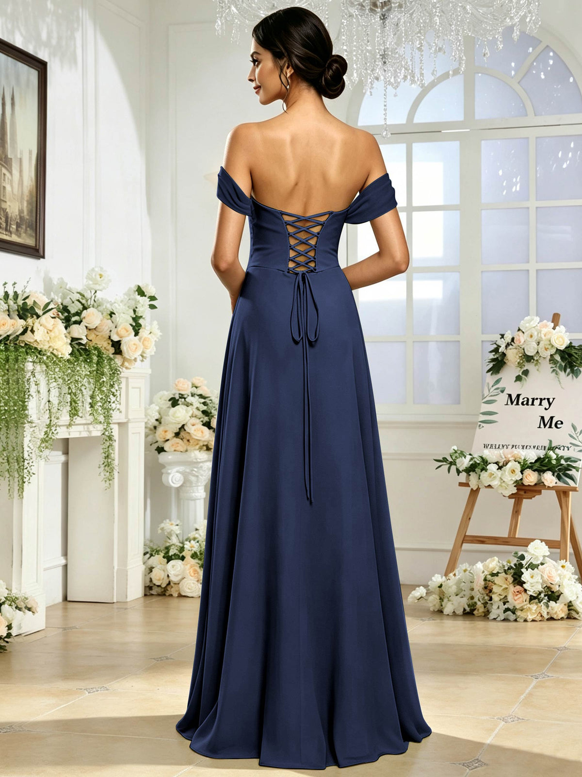 Off the Shoulder Chiffon A Line Long Bridesmaid Dress with Slit