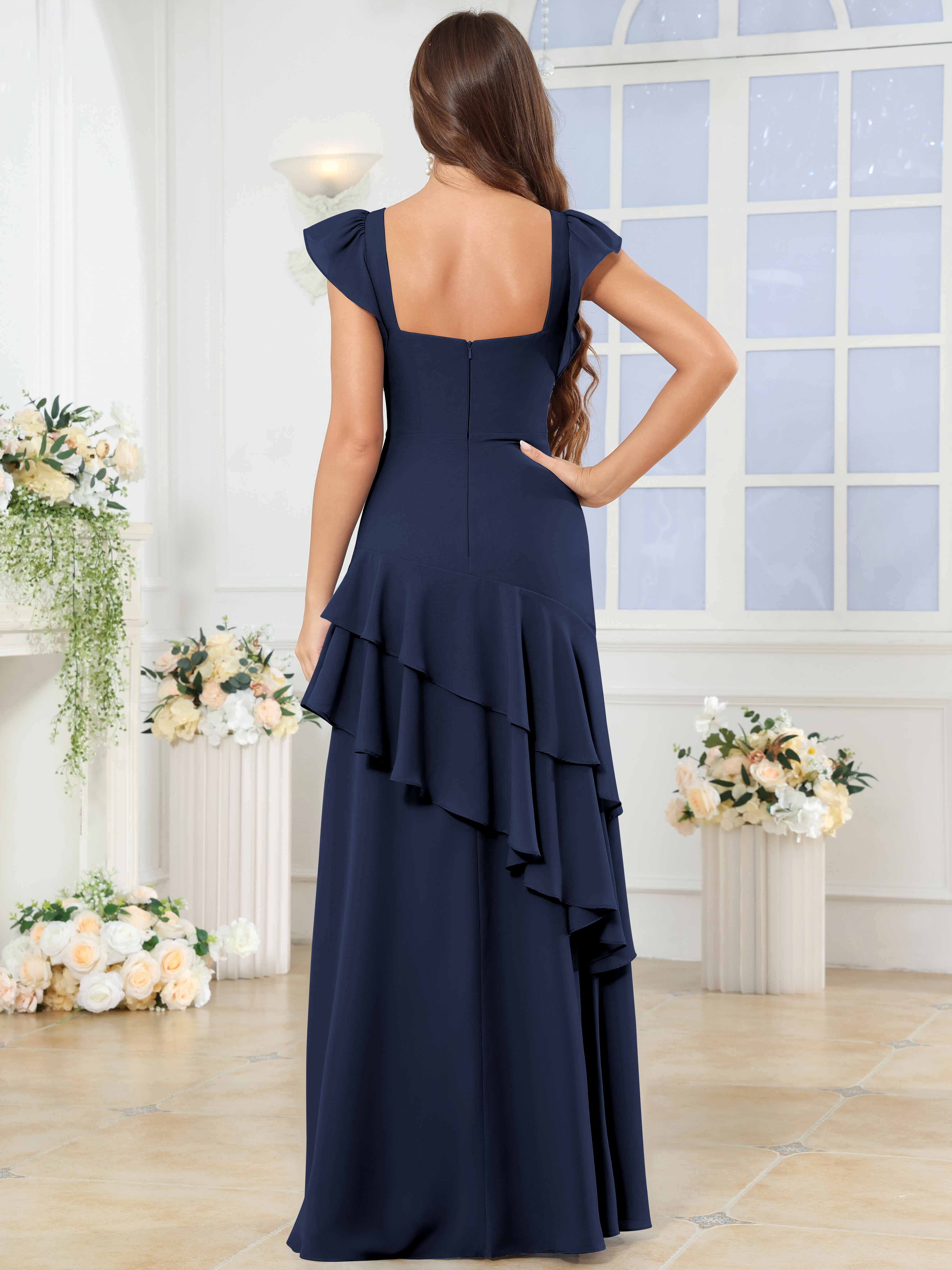 ROVDESY Sweetheart Tiered Ruffle Chiffon Bridesmaid Dress With Short Sleeves