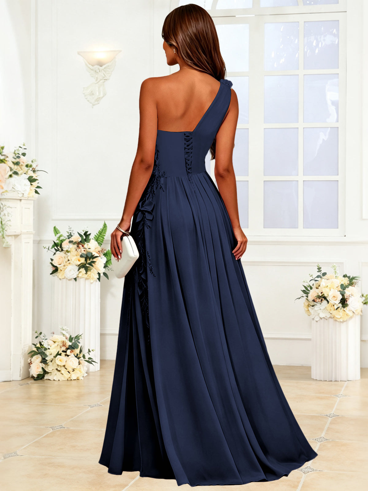 One Shoulder 3D Flower Chiffon Bridesmaid Dress with Slit
