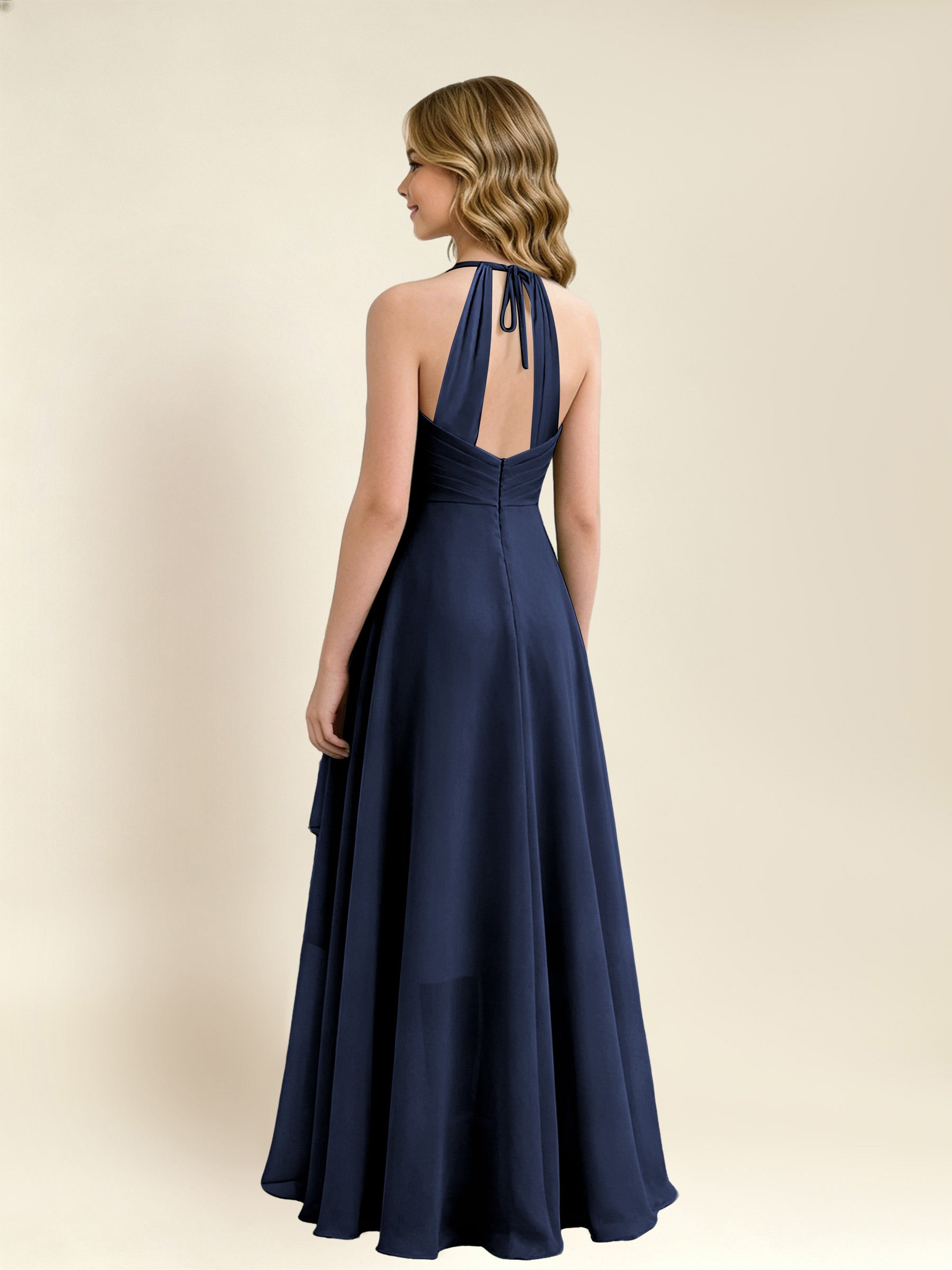 ROVDESY A-Line Halter Pleated Chiffon Junior Bridesmaid Dress