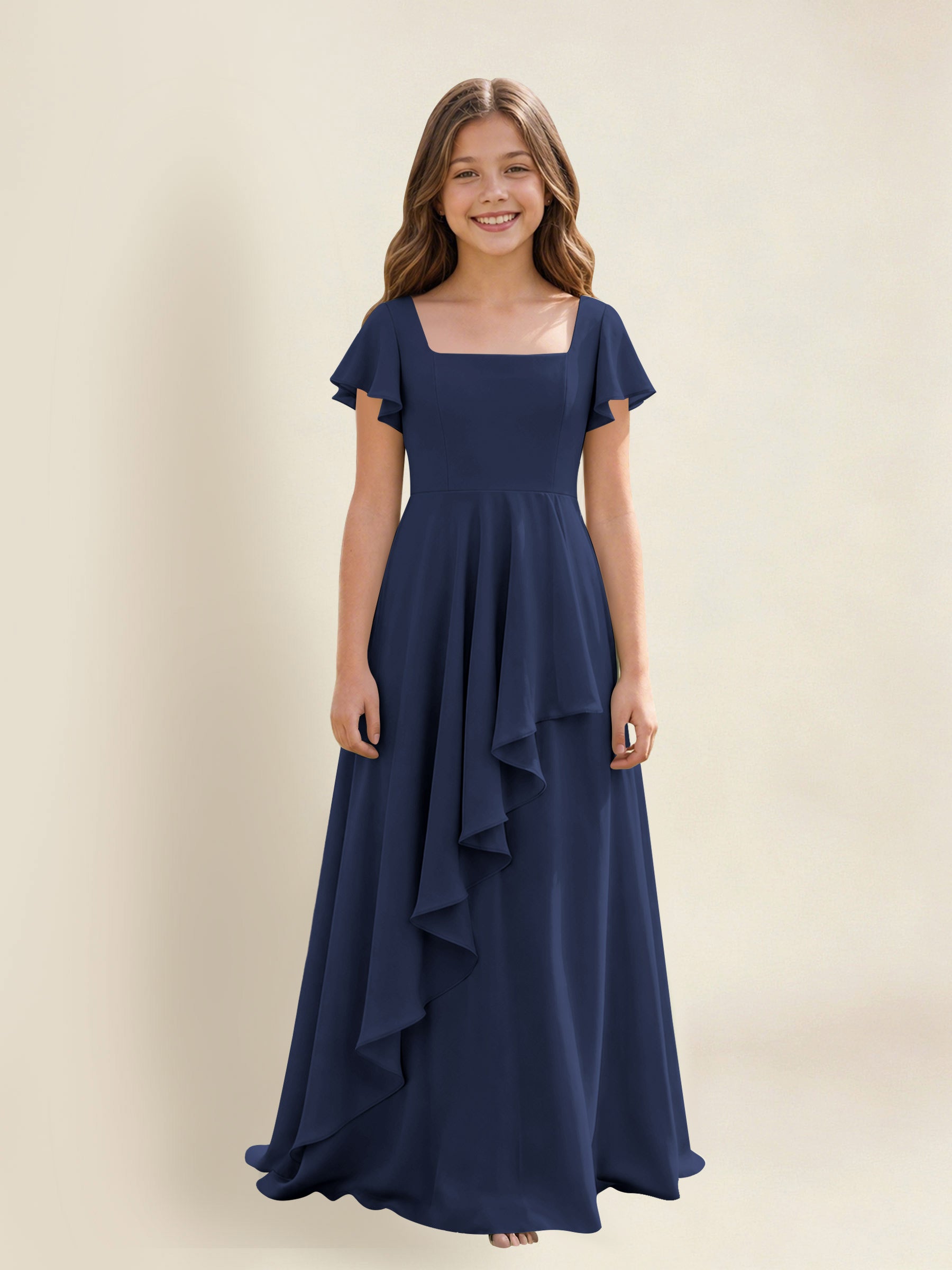 ROVDESY A-Line Square Neck Ruffle Chiffon Junior Bridesmaid Dress With Short Sleeves