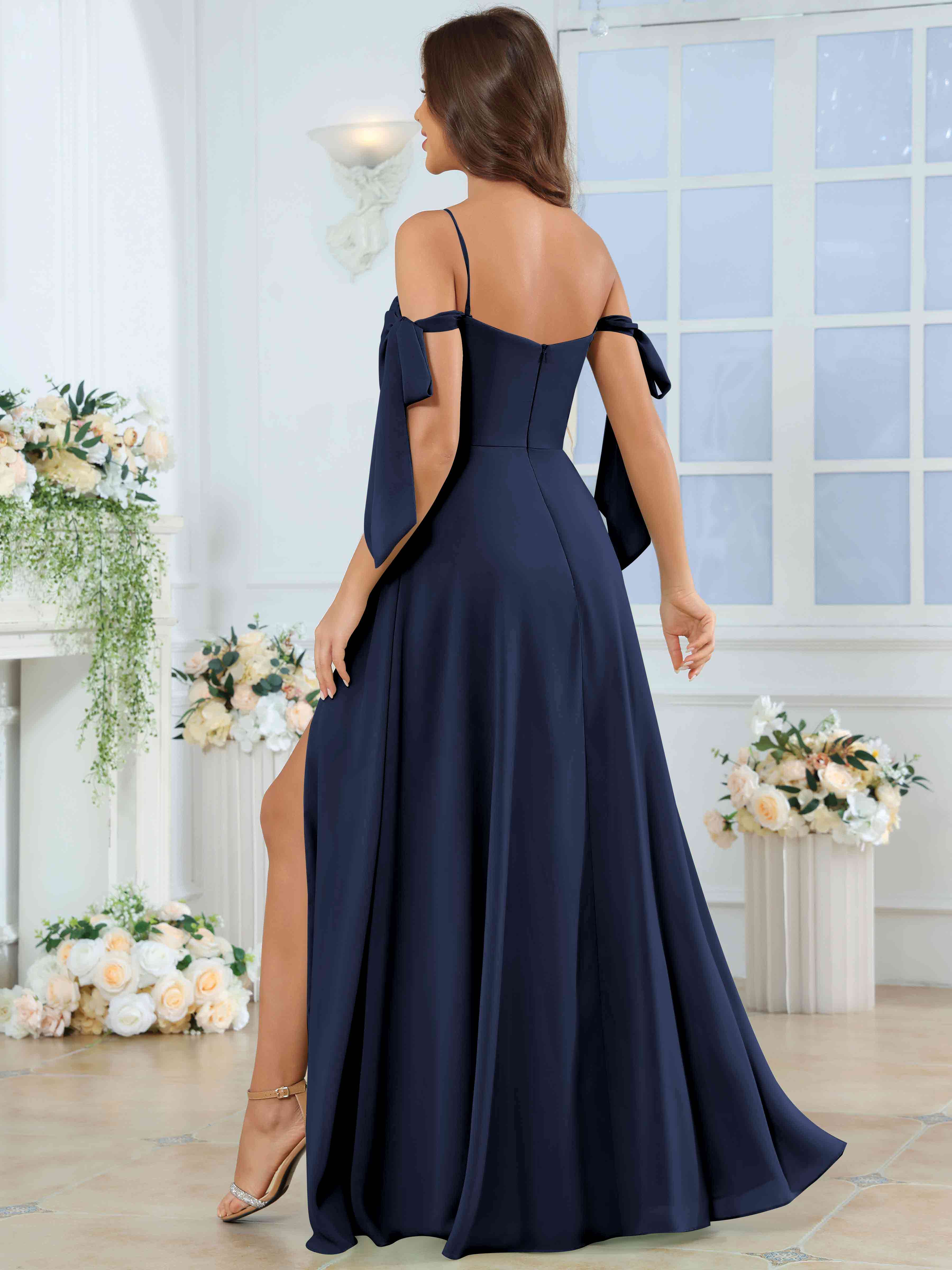 ROVDESY Spaghetti Strap Pleated Ruffle Slit Chiffon Bridesmaid Dress With Bow Sleeves