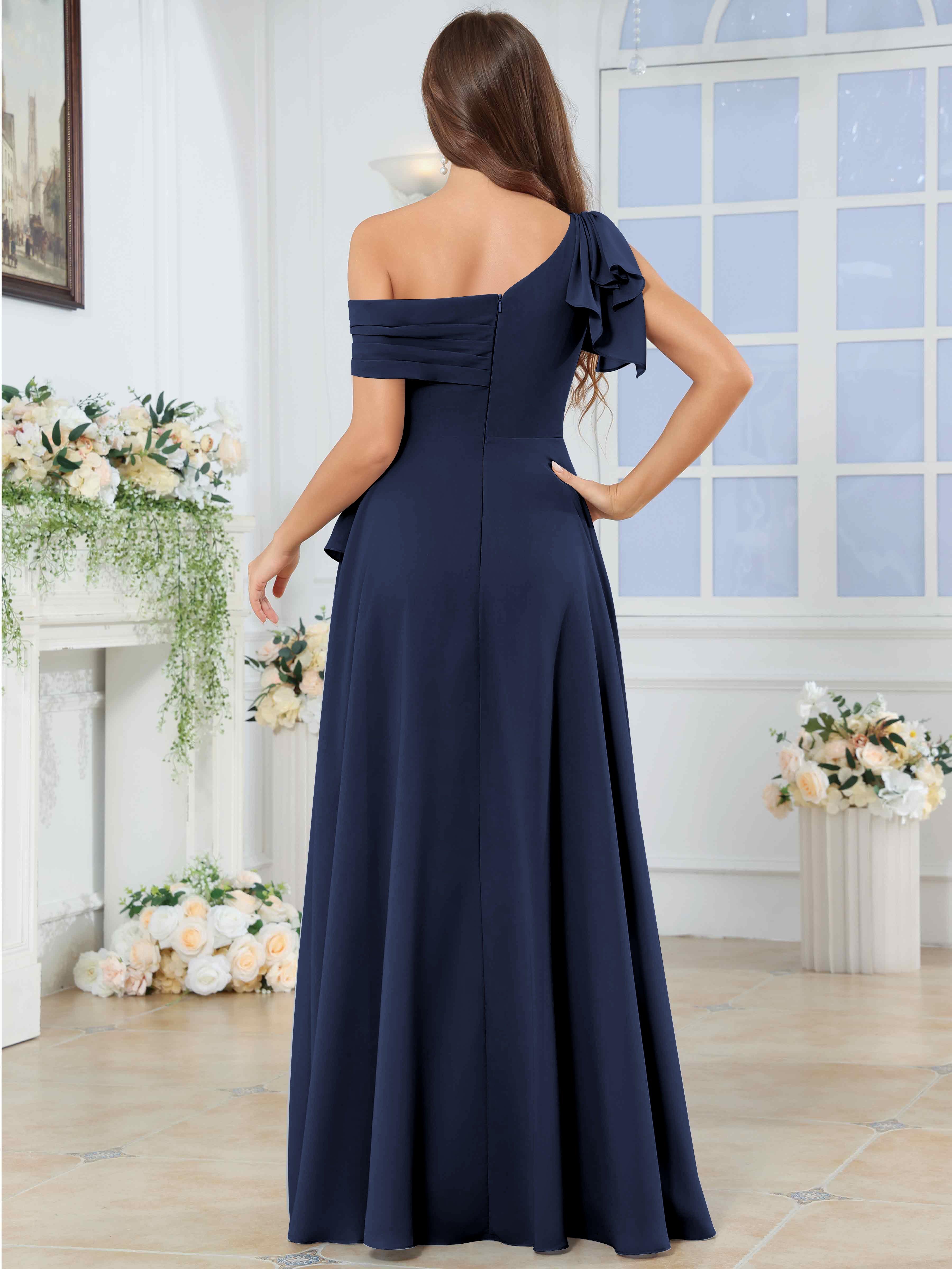 ROVDESY One Shoulder Pleated Ruffle Chiffon Bridesmaid Dress With Slit