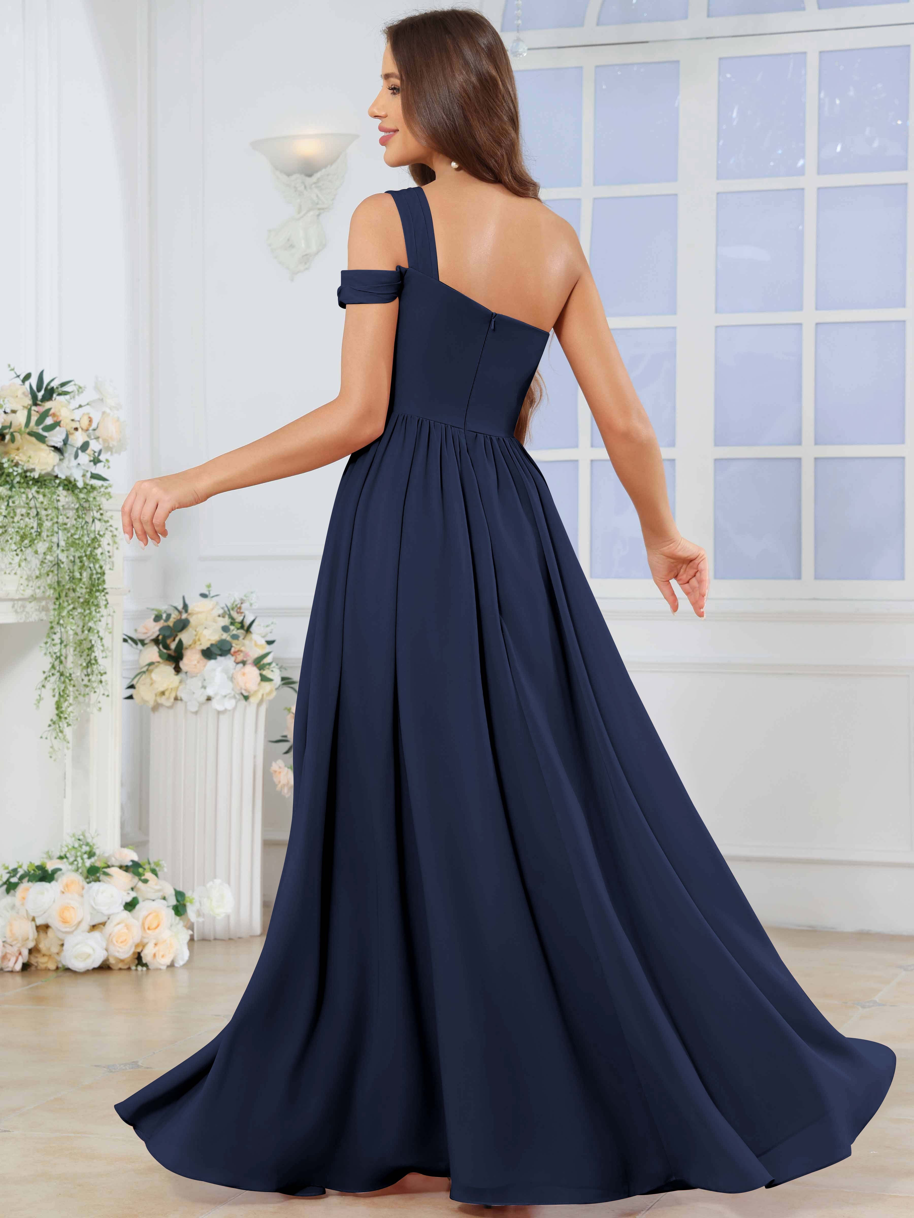 ROVDESY One Shoulder Pleated Chiffon Bridesmaid Dress With Slit
