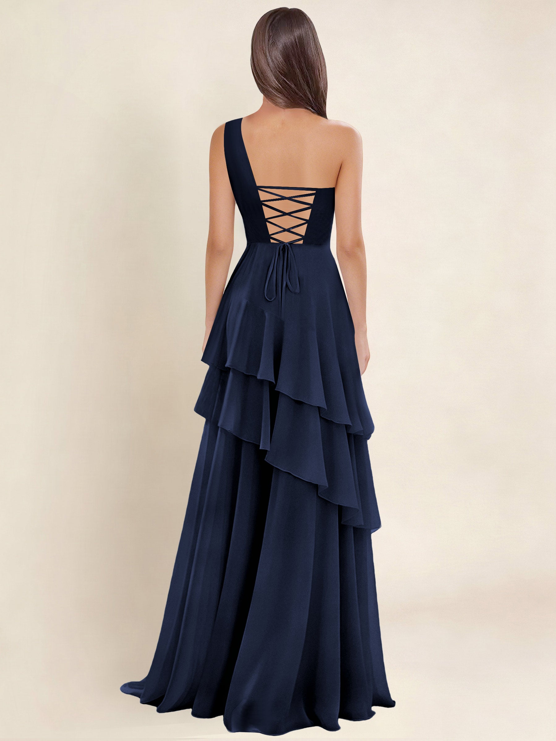 ROVDESY A-Line One Shoulder Pleated Tiered Chiffon Bridesmaid Dress