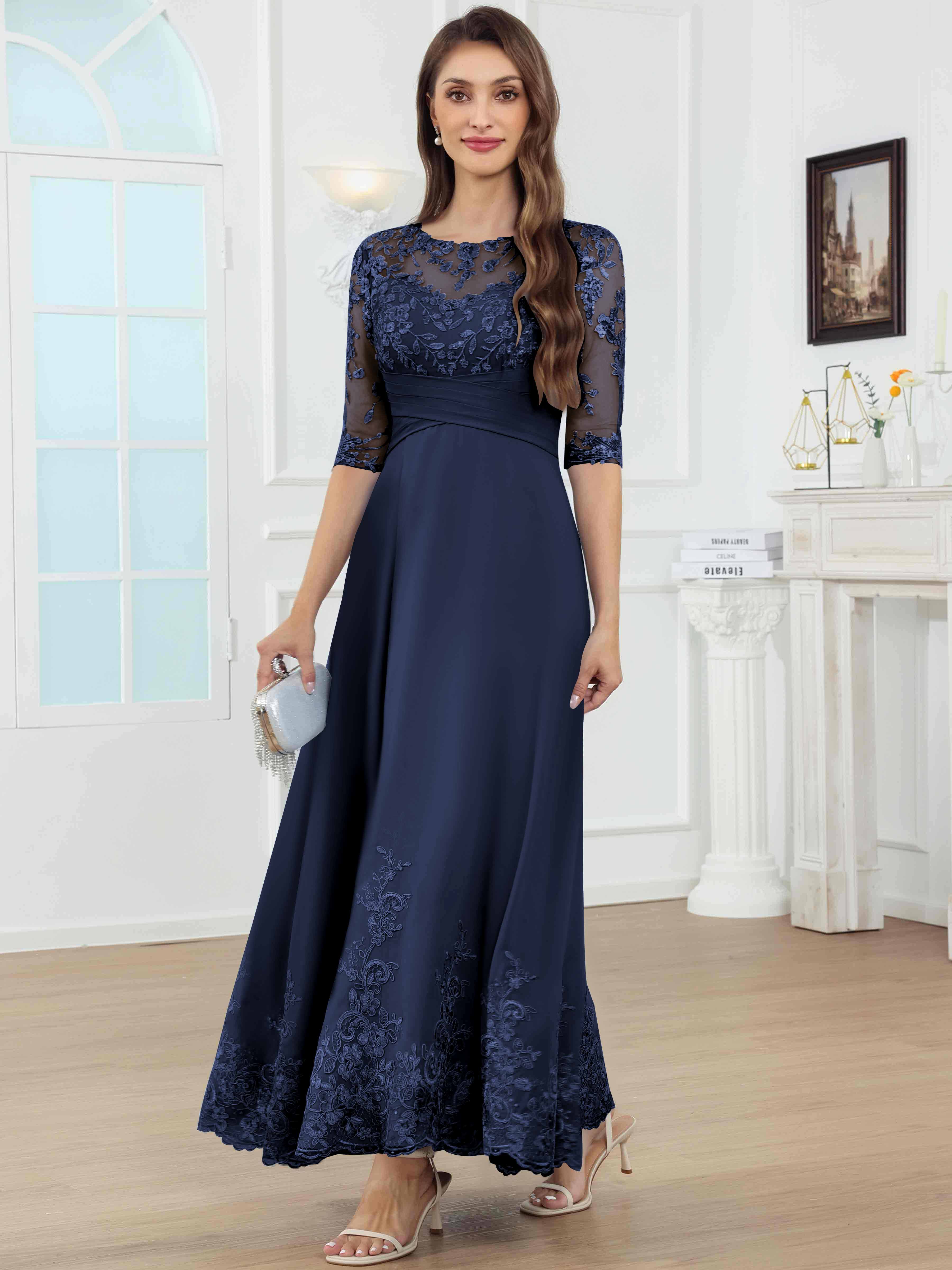 ROVDESY A-Line Lace Sequin Pleated Chiffon Mother Of The Bride Dress With Half Sleeves
