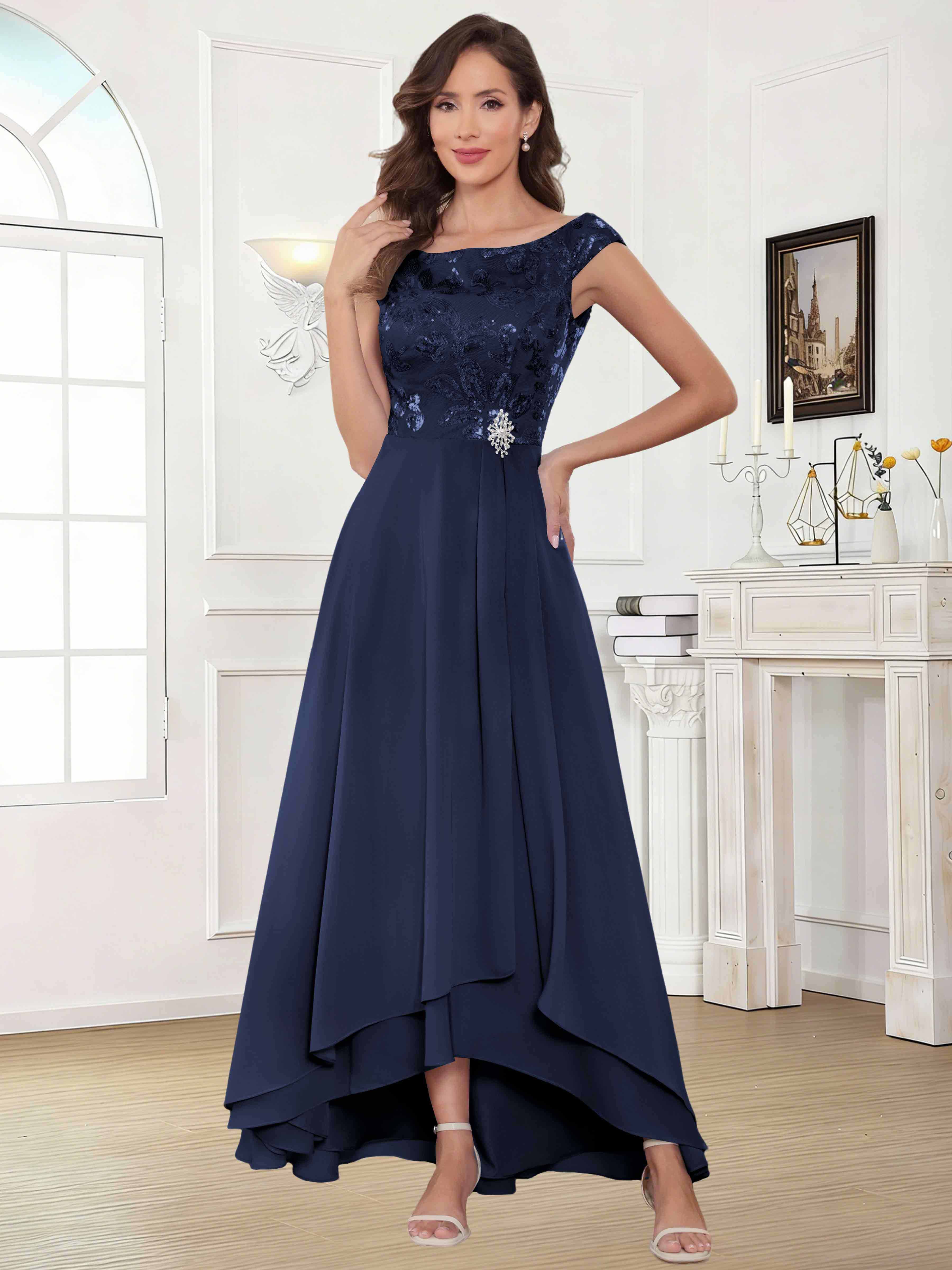 ROVDESY Tea Length Off-The-Shoulder Sequin Chiffon Mother Of The Bride Dress