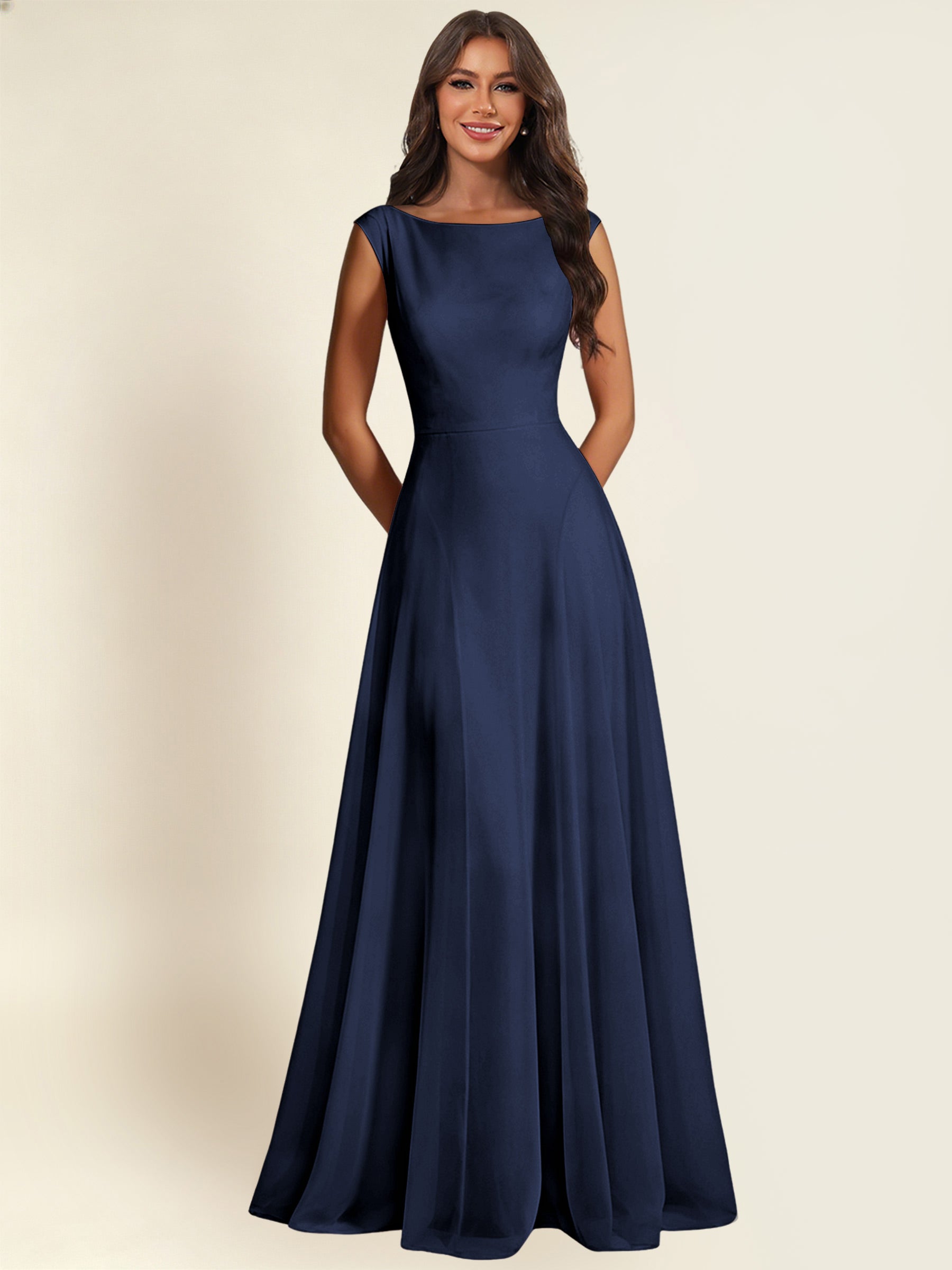 ROVDESY A-Line Chiffon Long Bridesmaid Dress With Sleeveless