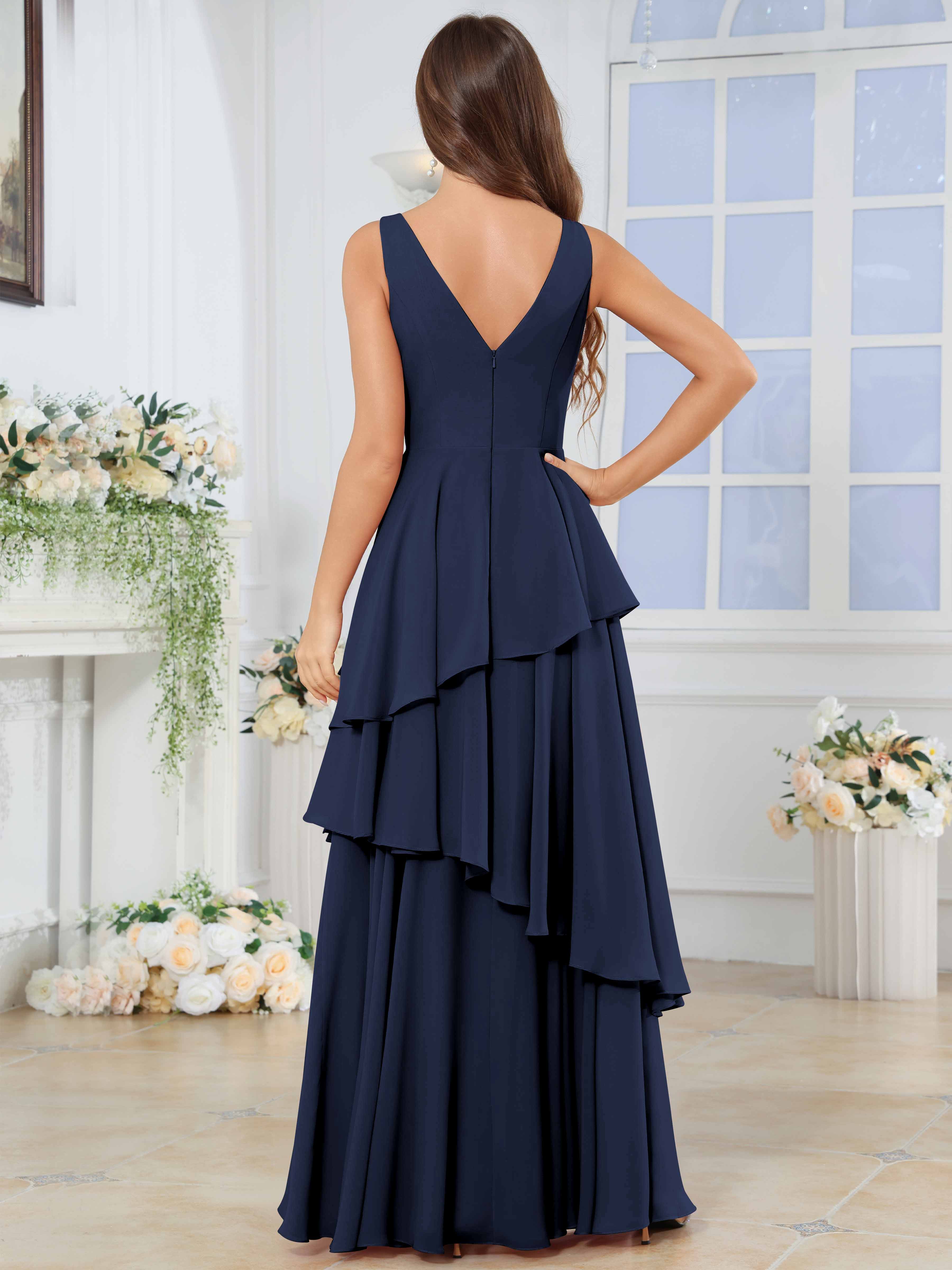 ROVDESY Long Sleeveless V-Neck Tiered Pleated Chiffon Bridesmaid Dress