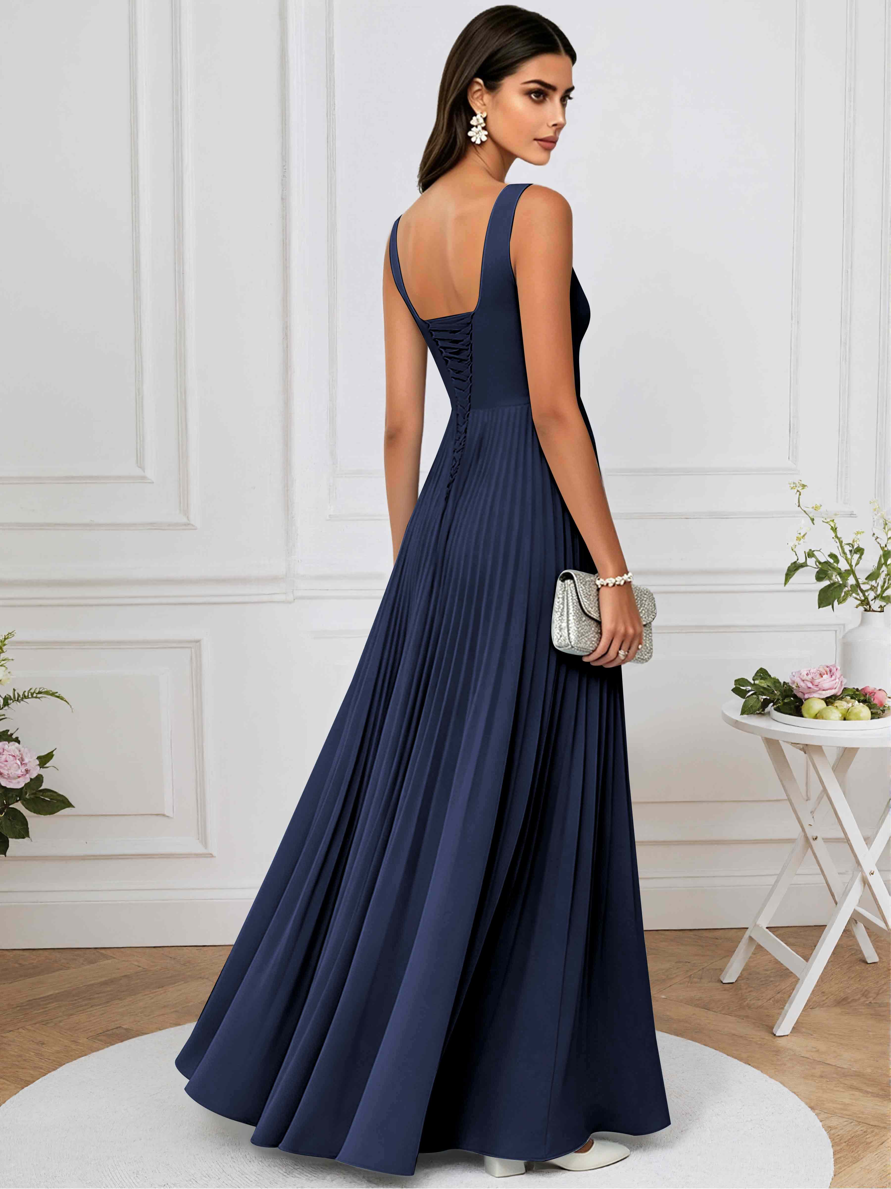 ROVDESY A-Line Square Neck Pleated Chiffon Long Bridesmaid/Prom Dress