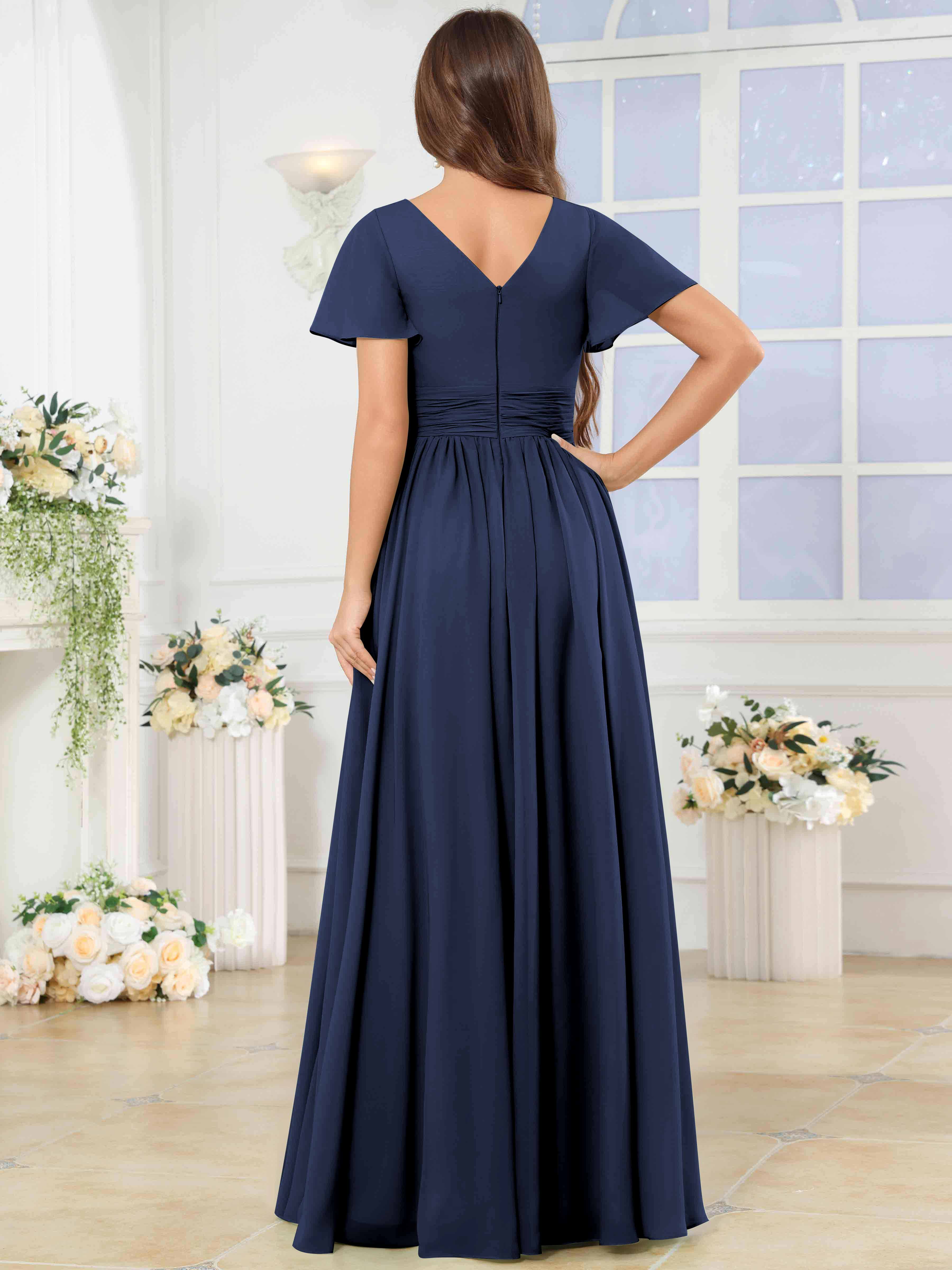 ROVDESY A-Line V-Neck Slit Pleated Ruffle Chiffon Bridesmaid Dress With Short Sleeves
