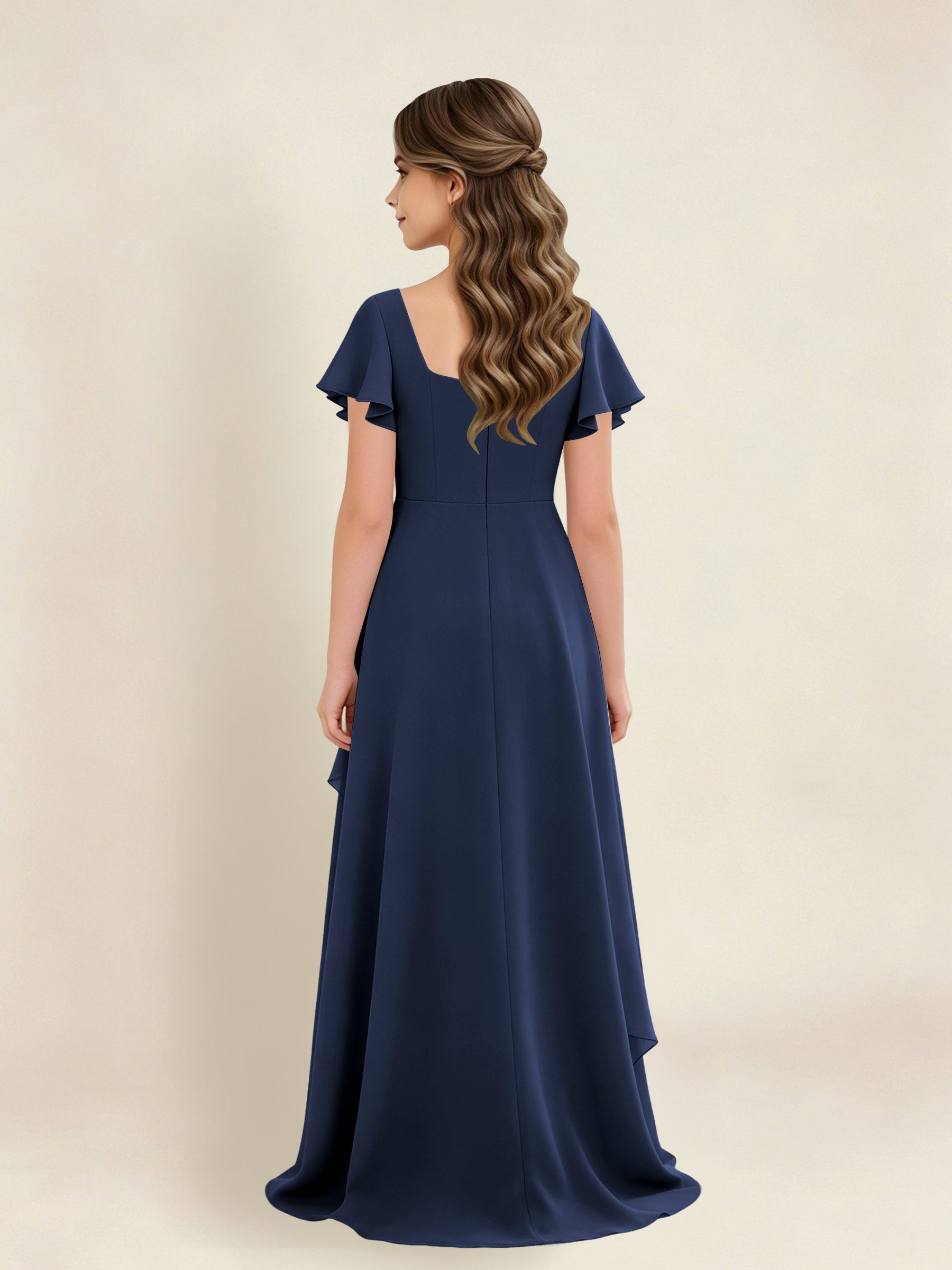 ROVDESY A-Line Square Neck Ruffle Chiffon Junior Bridesmaid Dress With Short Sleeves
