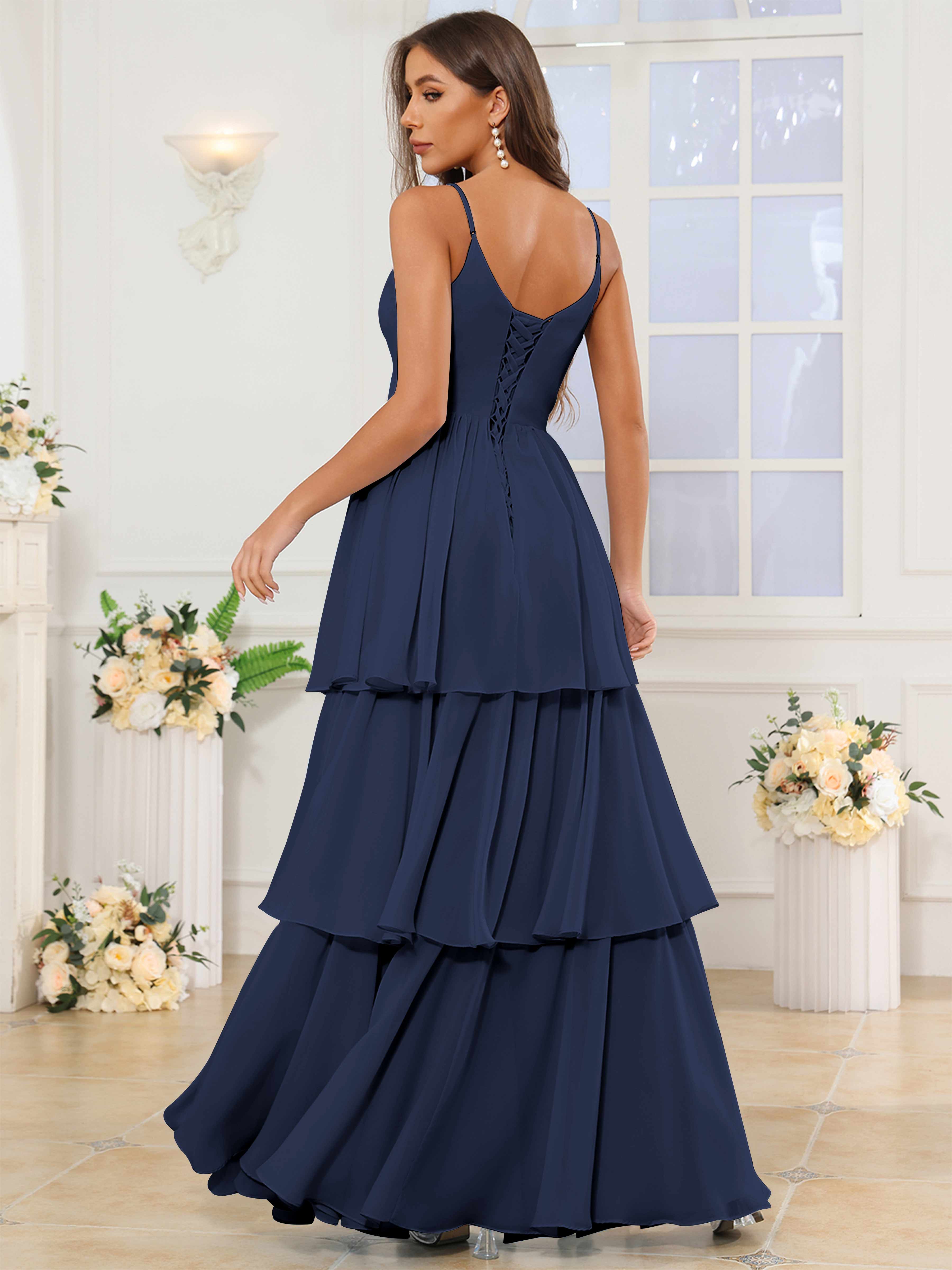 ROVDESY V-Neck Spaghetti Straps Tiered Chiffon Bridesmaid Dress With Ruffles