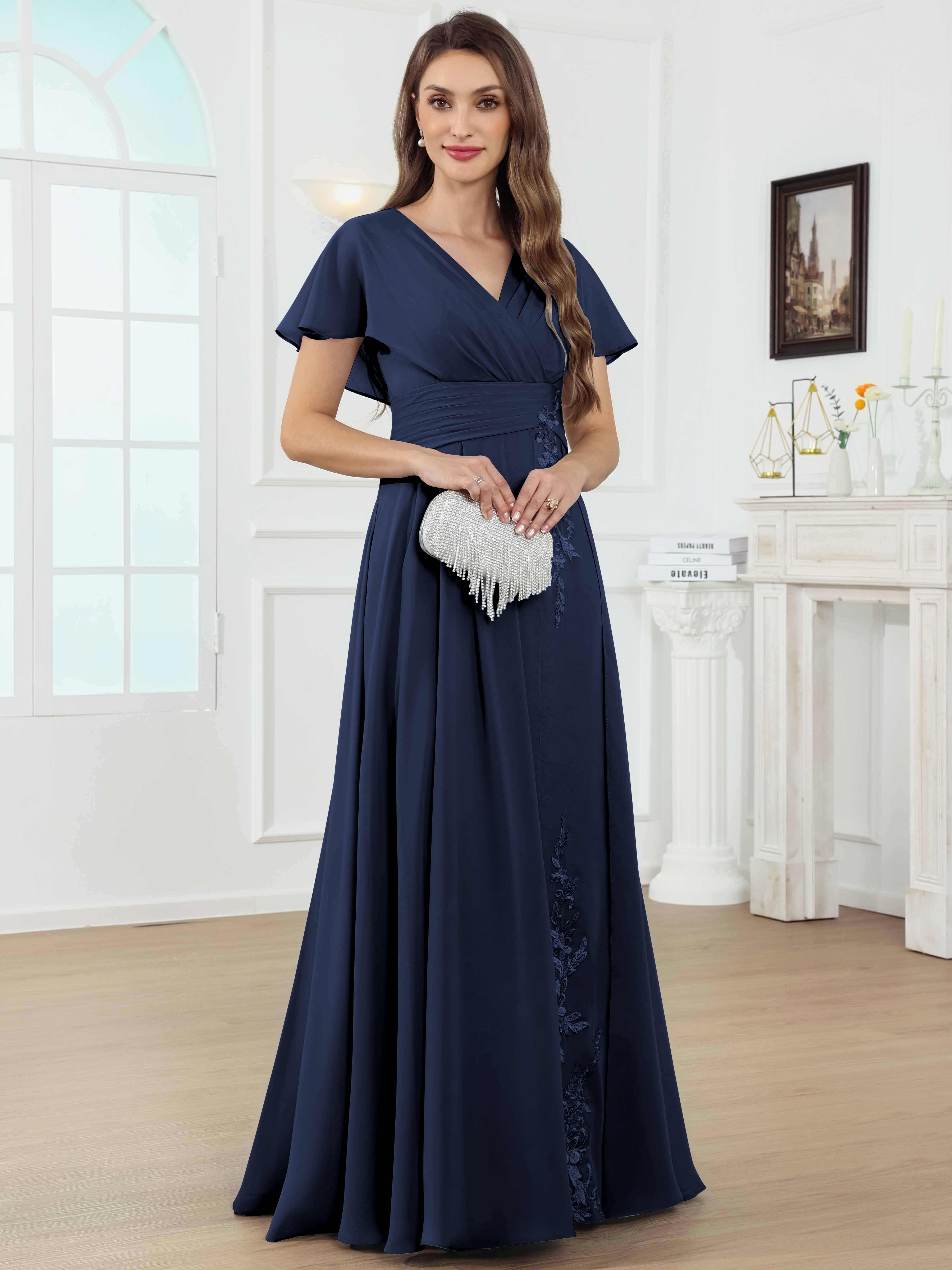 ROVDESY A-Line V-Neck Pleated Lace Chiffon Mother Of The Bride Dress With Short Sleeves