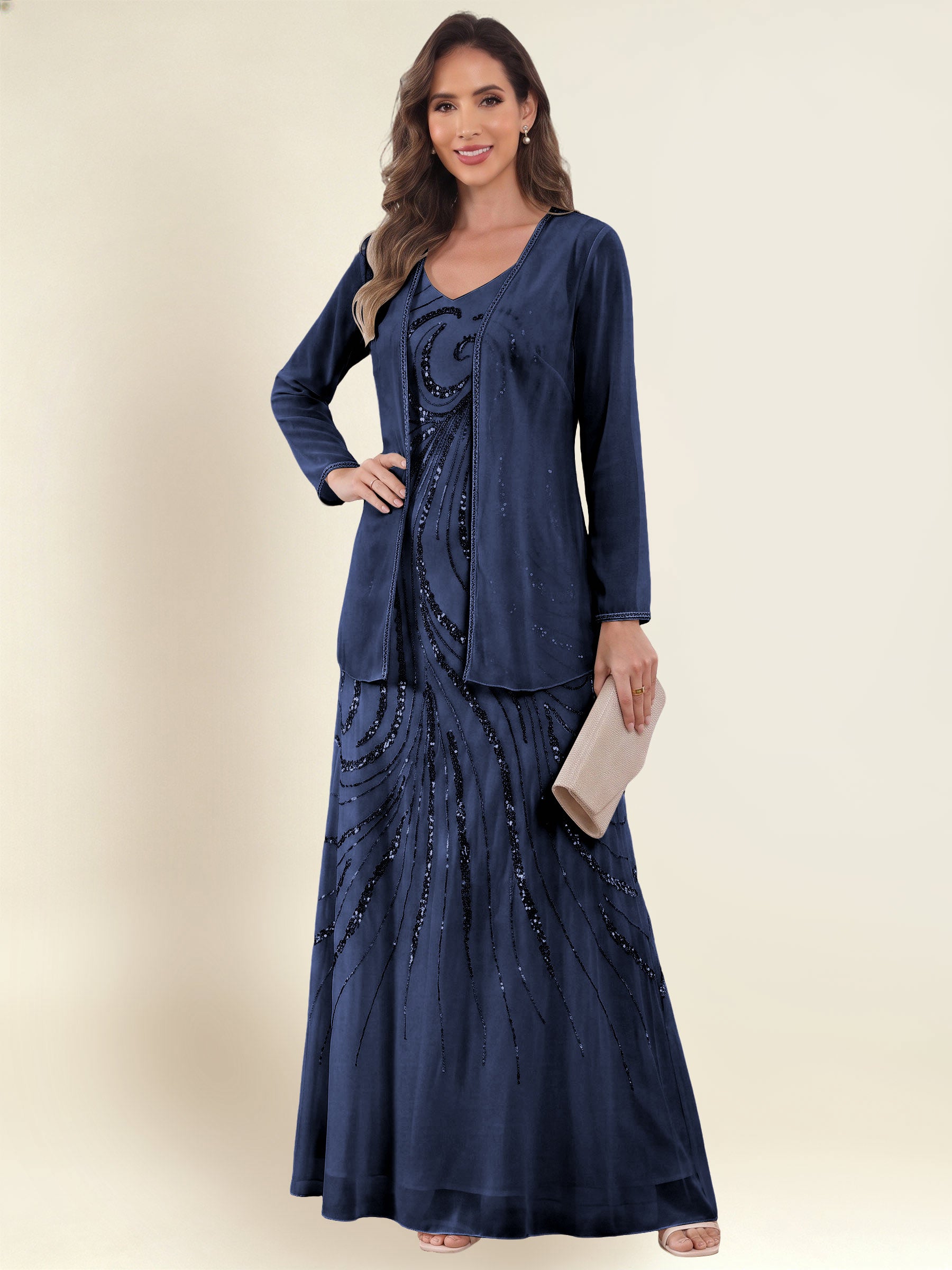 ROVDESY 2 Pieces V-Neck Sequin Chiffon Long Mother Of The Bride Dress With Long Sleeve Jacket