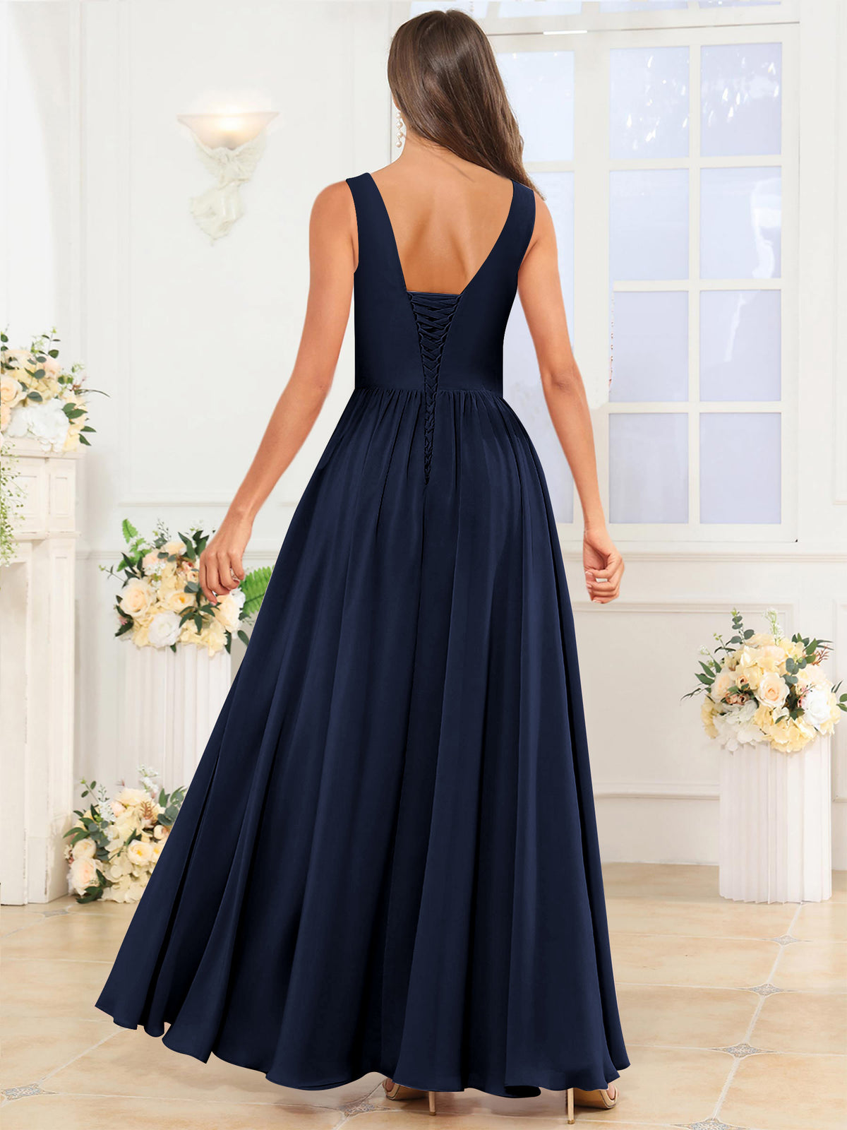 V Neck Chiffon A Line Bridesmaid Dress with Slit