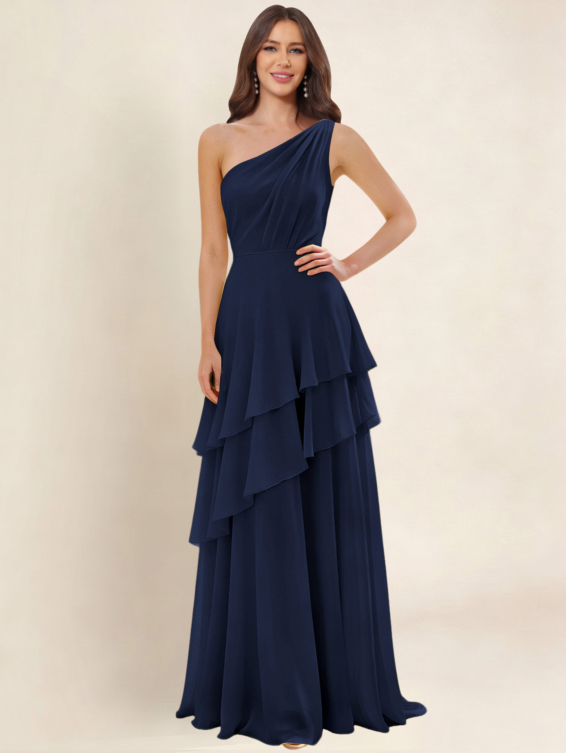 ROVDESY A-Line One Shoulder Pleated Tiered Chiffon Bridesmaid Dress