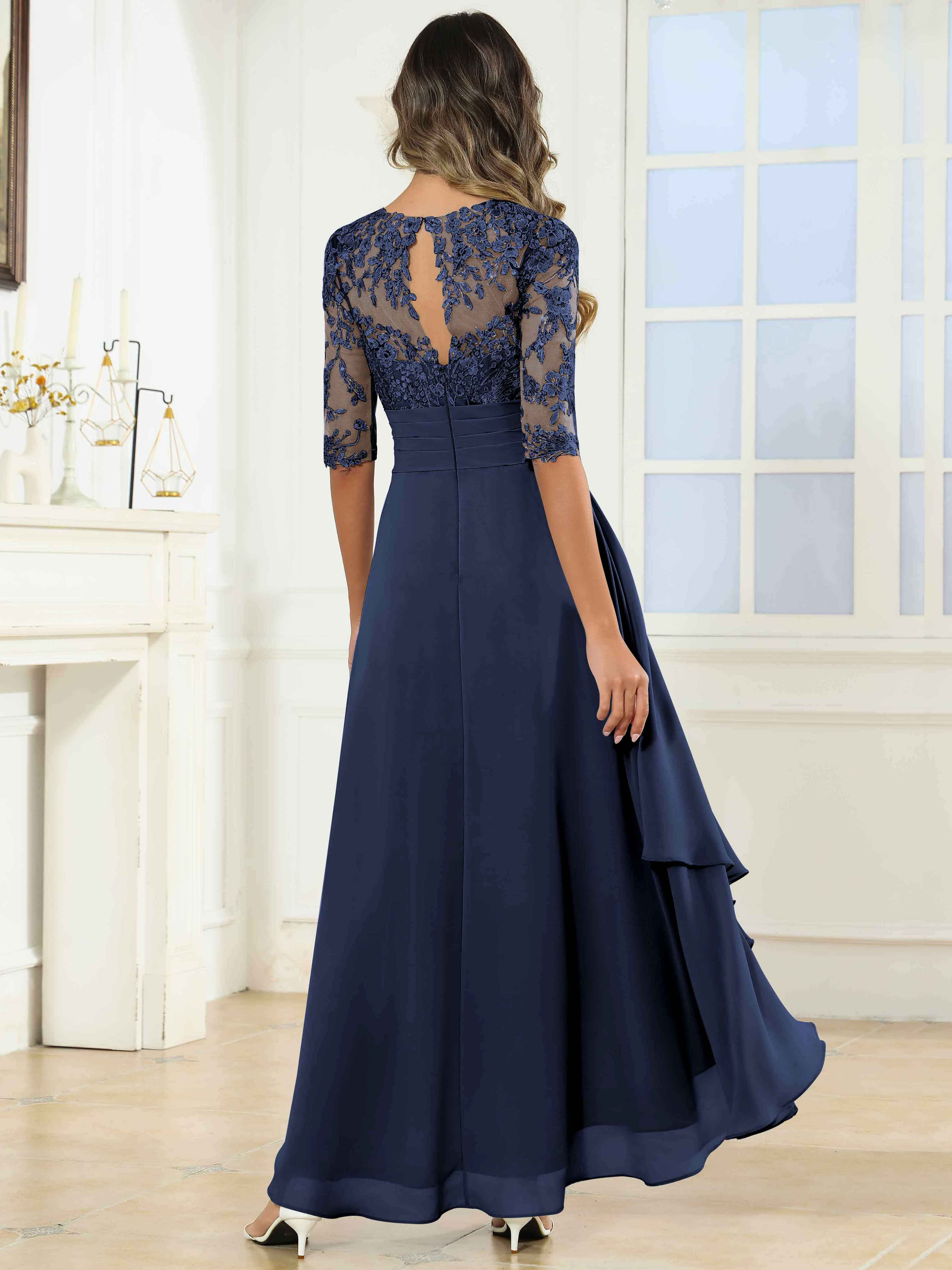 ROVDESY Tea Length A-Line Lace Chiffon Mother Of The Bride Dress With Half Sleeves