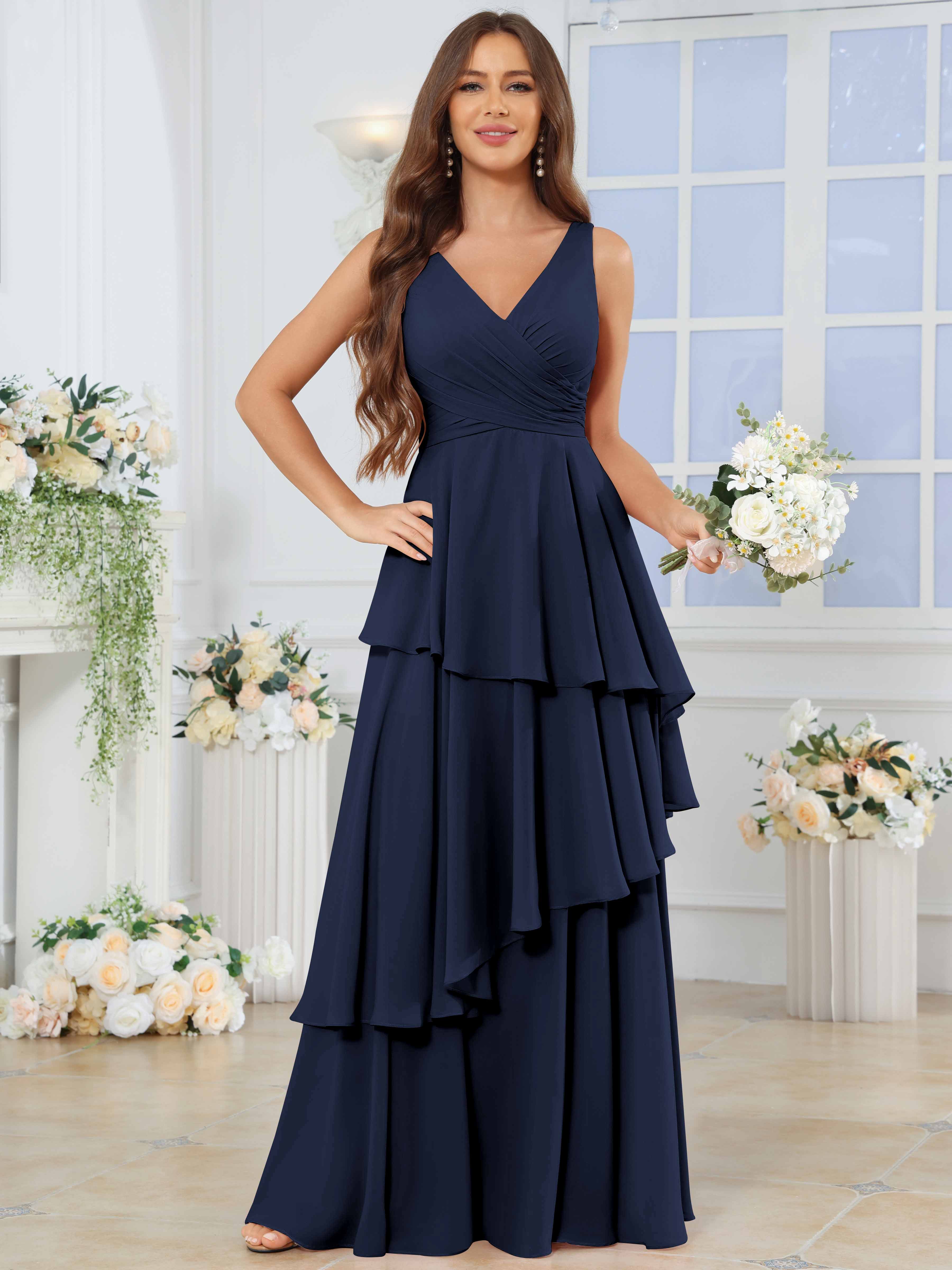 ROVDESY Long Sleeveless V-Neck Tiered Pleated Chiffon Bridesmaid Dress