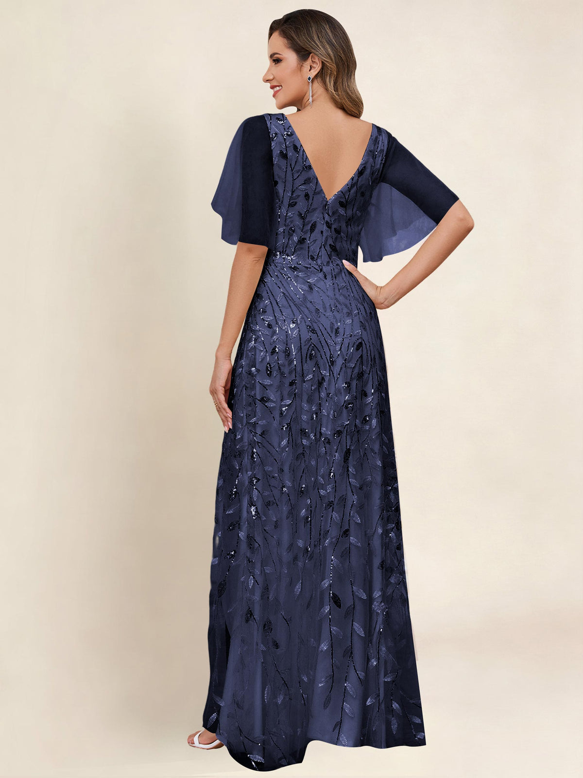 V Neck Sequin Tulle A Line Mother of the Bride Dress with Sleeves