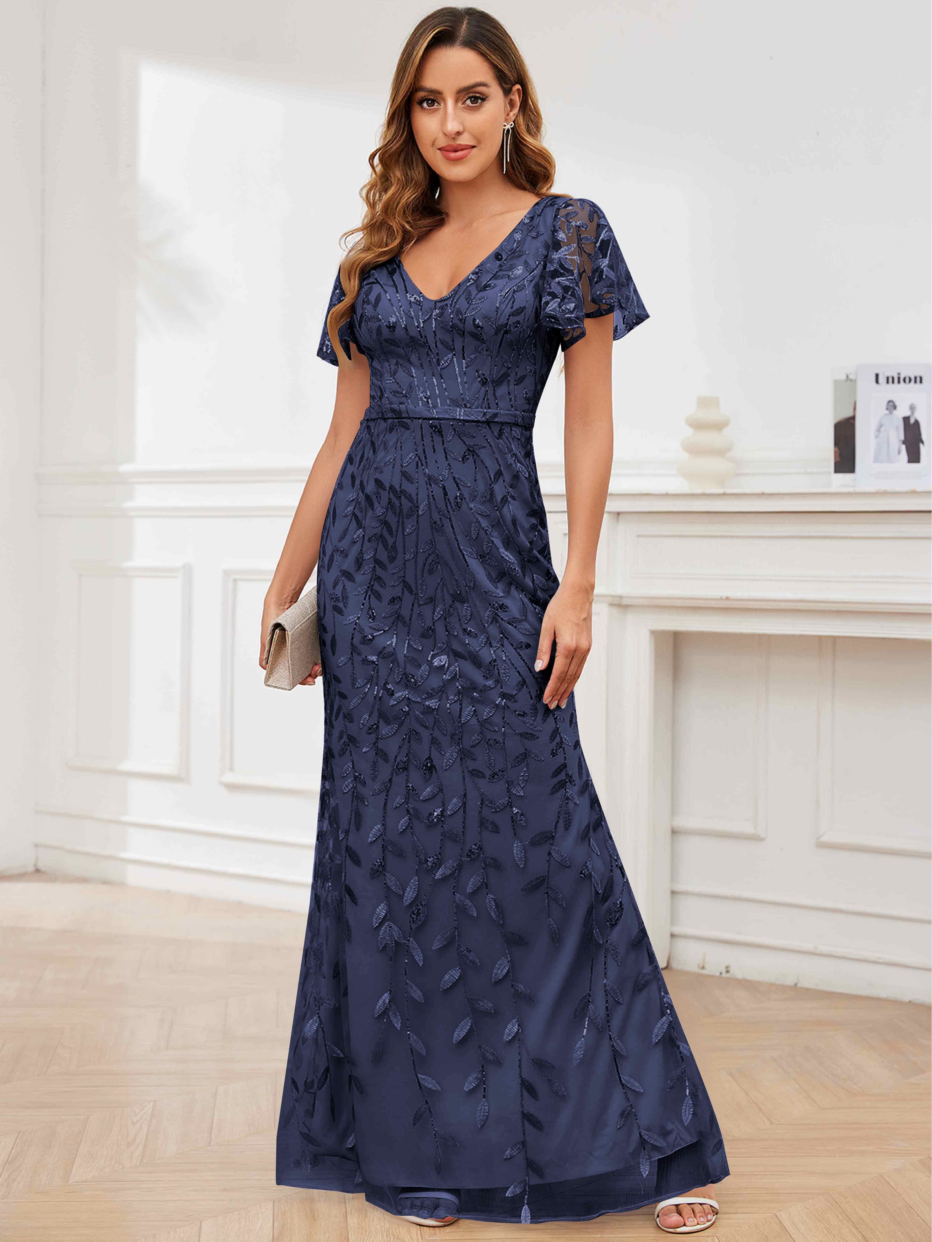 ROVDESY V-Neck Mermaid Sequin Mother Of The Bride Dress With Short Sleeves