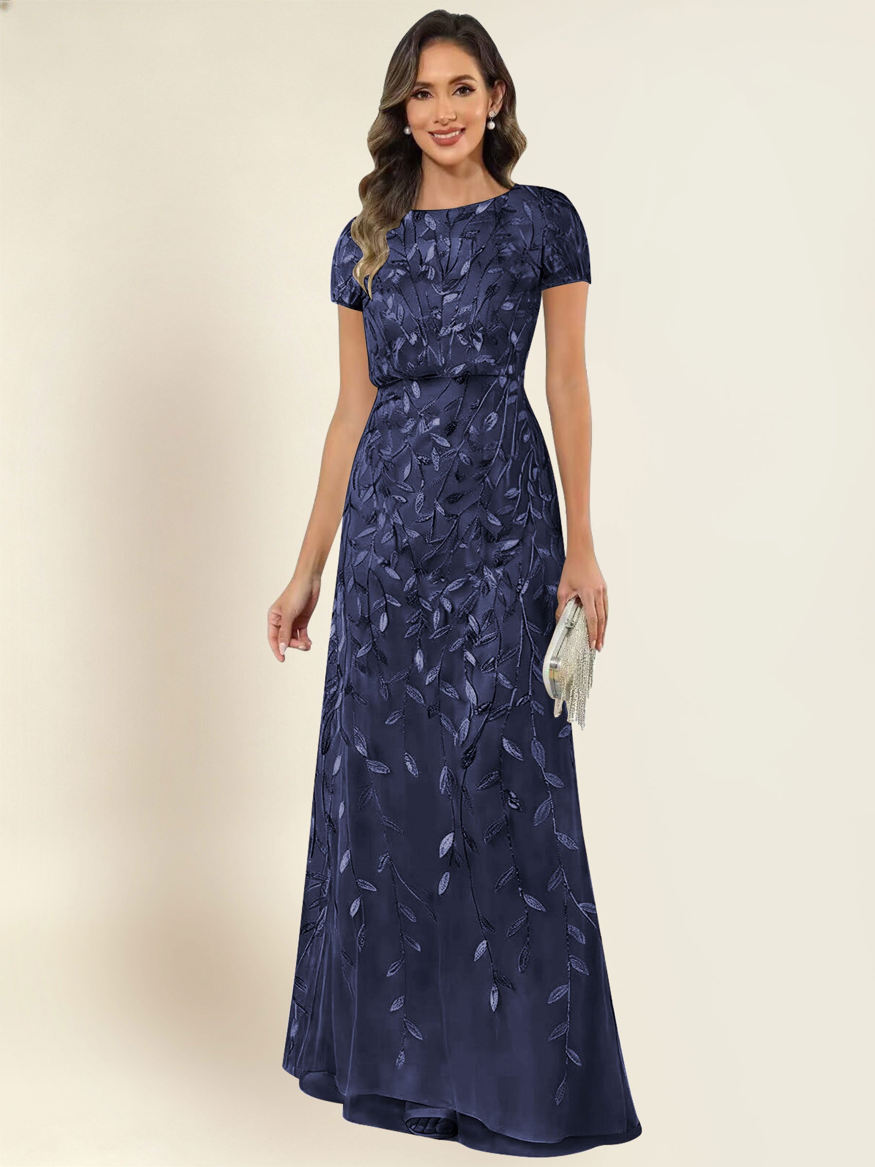 ROVDESY Sequin Mermaid Long Mother Of The Bride Dress With Short Sleeves Formal Gown