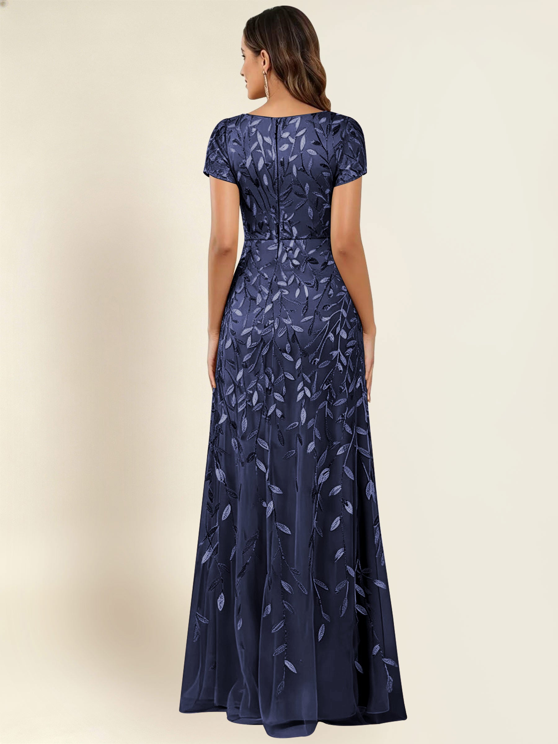 ROVDESY Sequin Mermaid Long Mother Of The Bride Dress With Short Sleeves Formal Gown