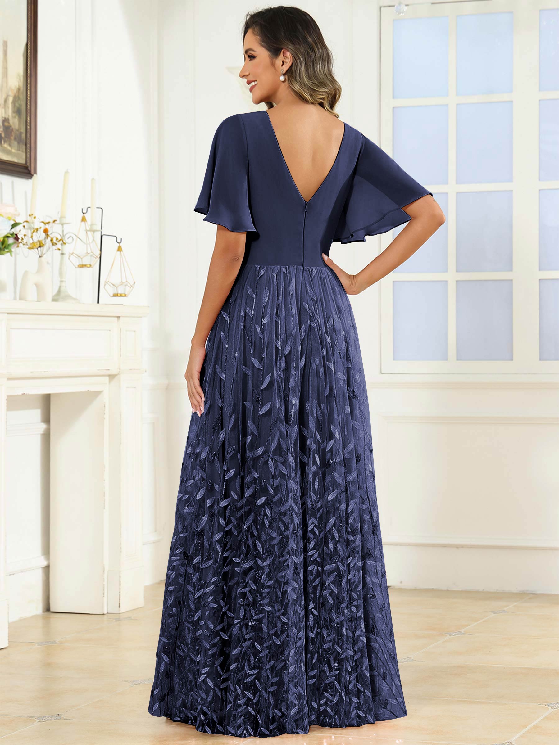 ROVDESY A-Line V-Neck Chiffon Sequin Mother Of The Bride Dress With Short Sleeves