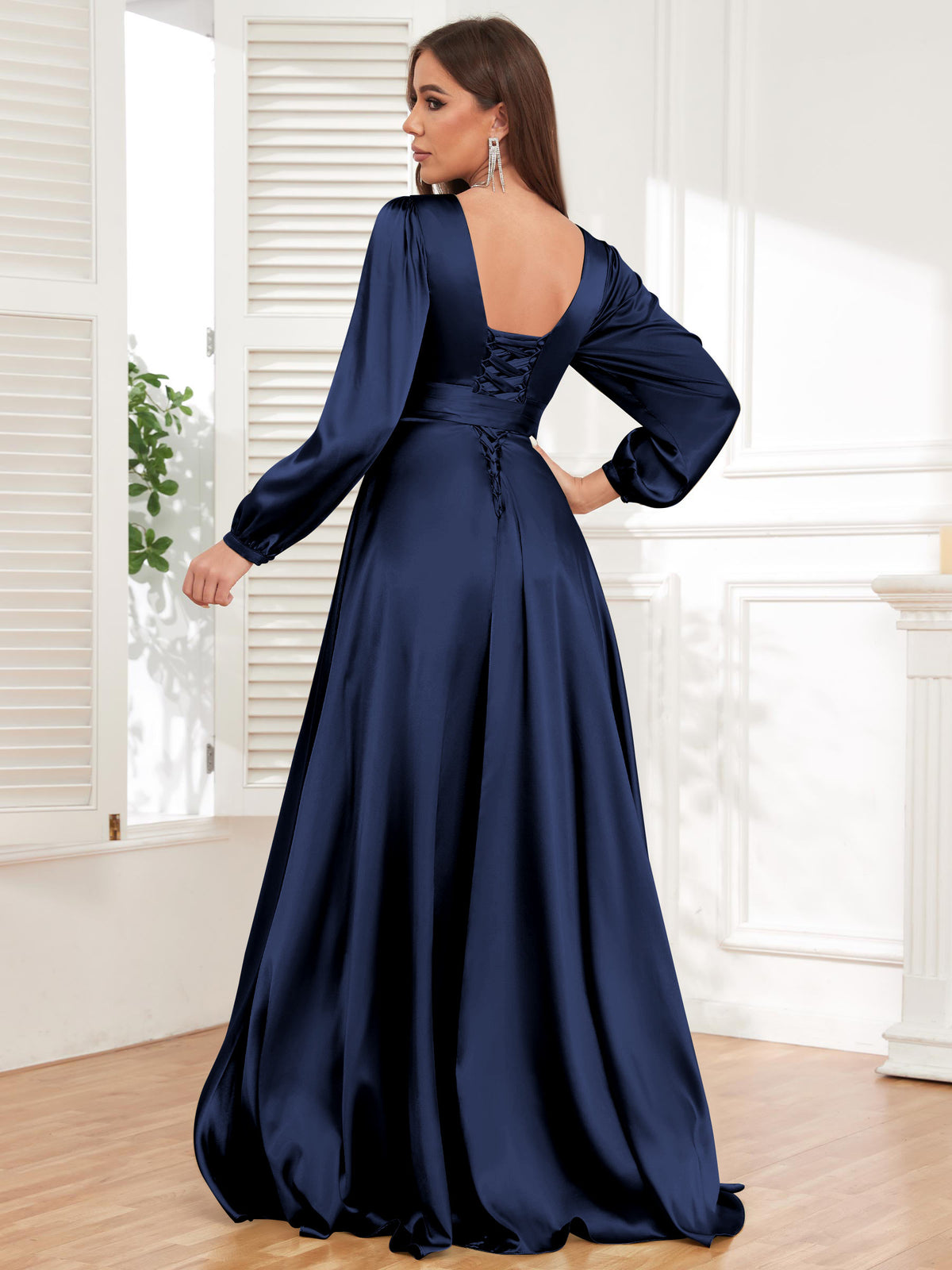 V Neck Satin Long Sleeve Bridesmaid Dress with Slit