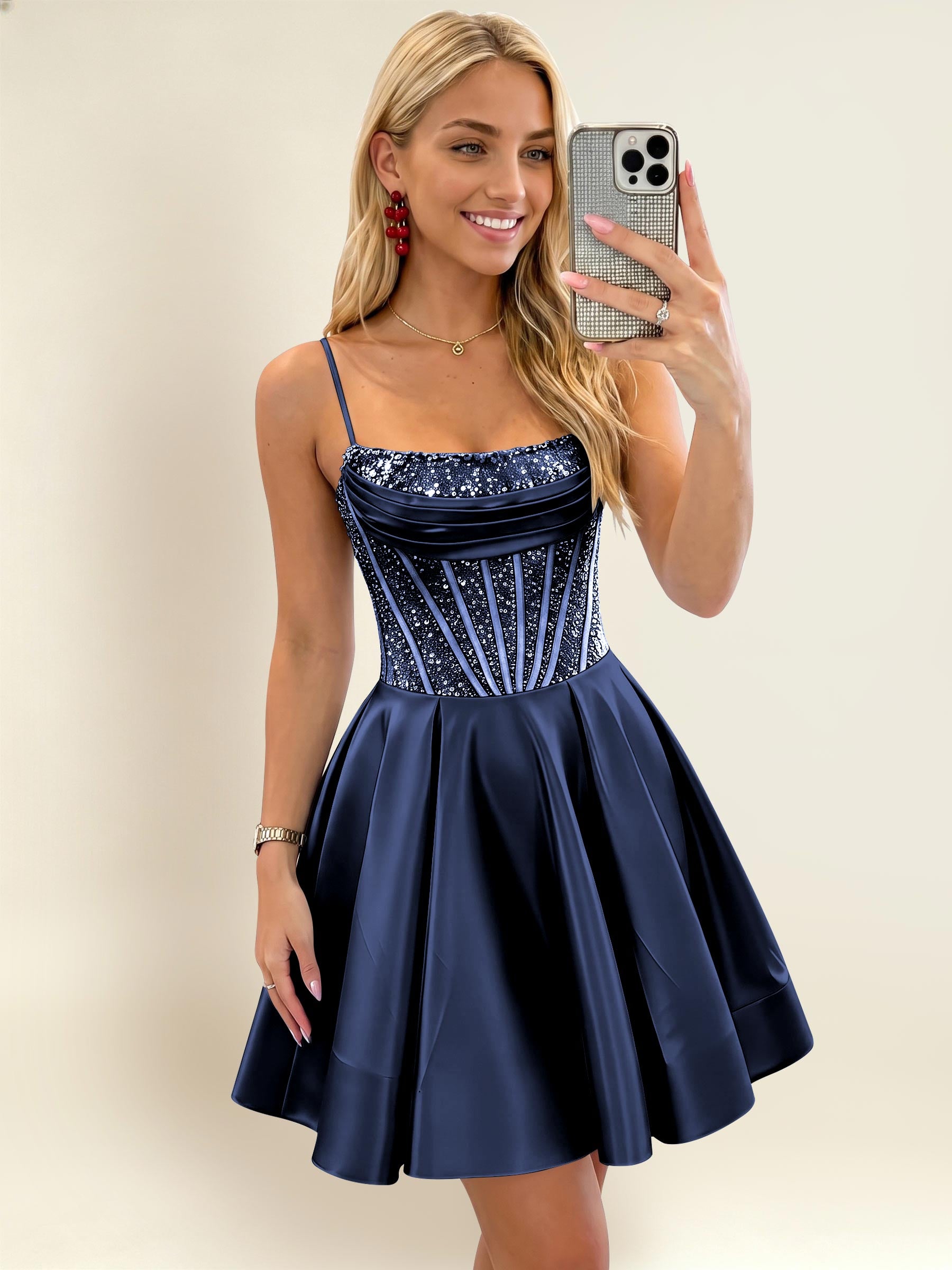 ROVDESY A-Line Spaghetti Strap Sequin Corset Satin Homecoming Mini Dress