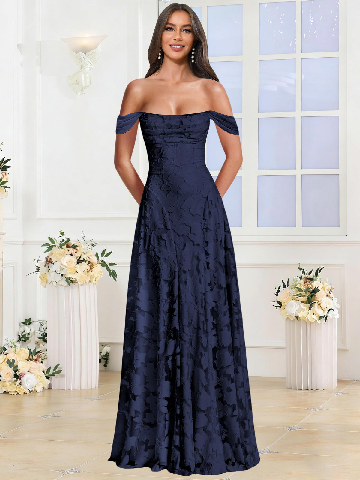 Off the Shoulder Floral Ruched A-line Bridesmaid Dress