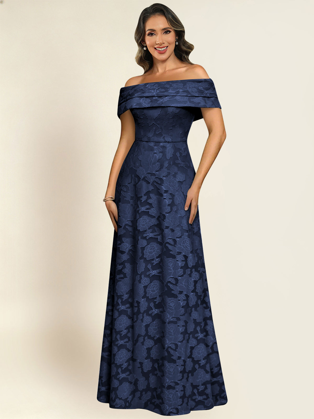 ROVDESY Off the Shoulder Floral Jacquard A-Line Long Mother of the Bride Dress