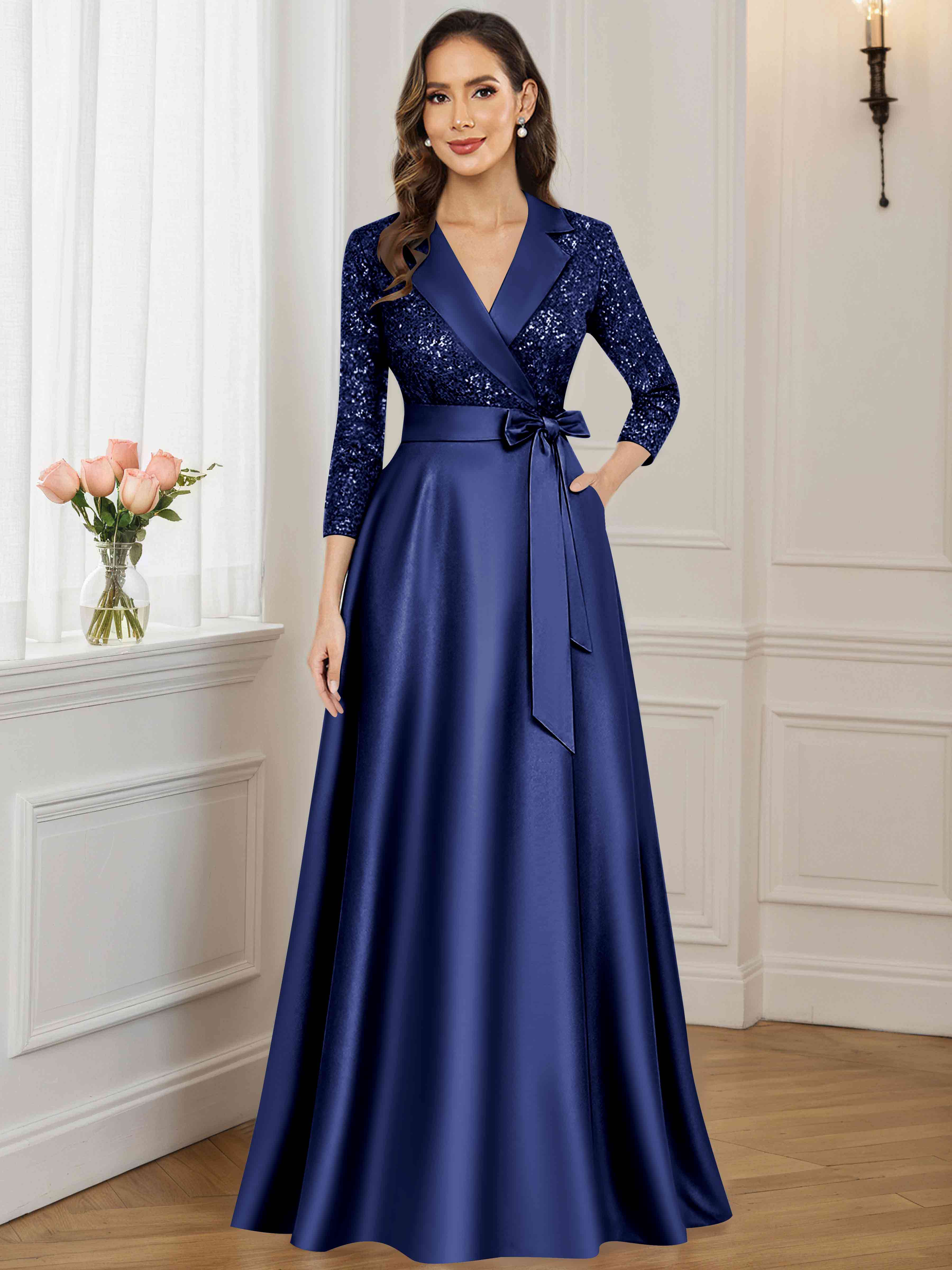 ROVDESY A-Line V Neck Sequin Satin  Long Mother of The Bride Dress Formal Gown With 3/4 Sleeves