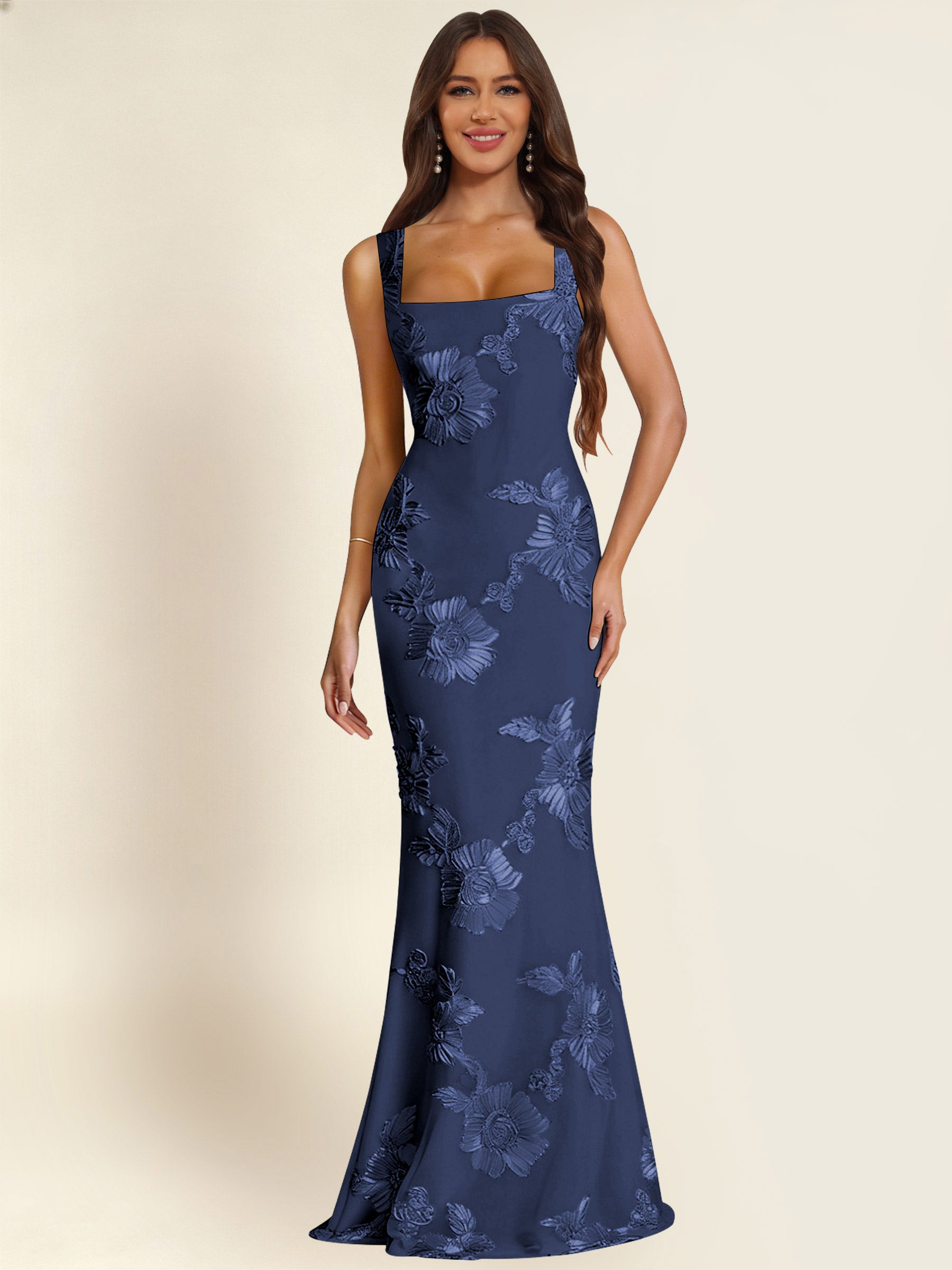 ROVDESY Square Neck Floral Applique Mermaid Long Prom/Bridesmaid Dress